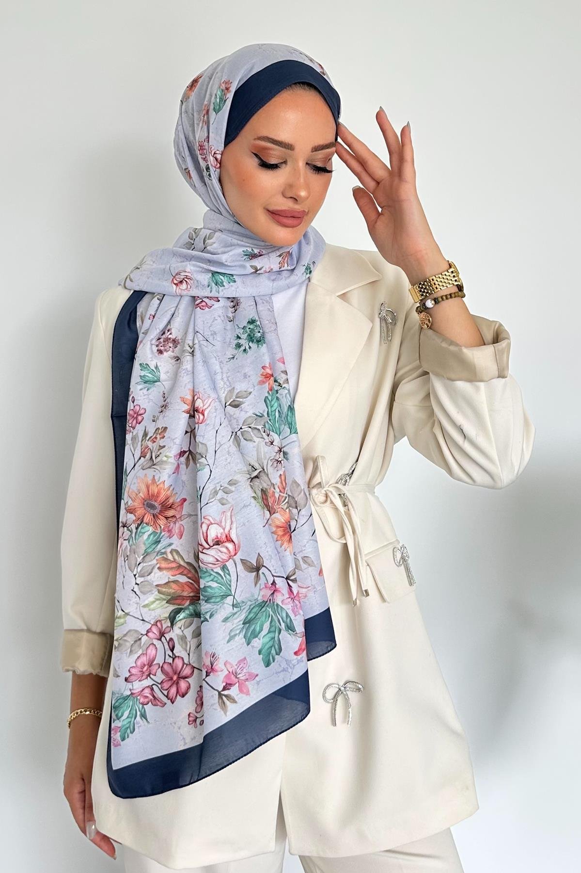  Flowers Çiçek Desenli Lacivert Renk Soft Pamuk Şal