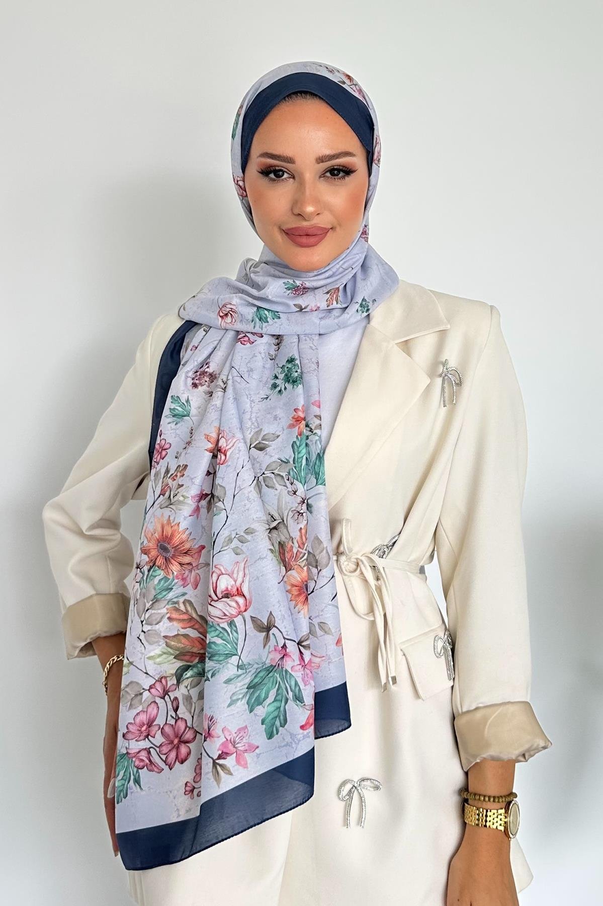  Flowers Çiçek Desenli Lacivert Renk Soft Pamuk Şal