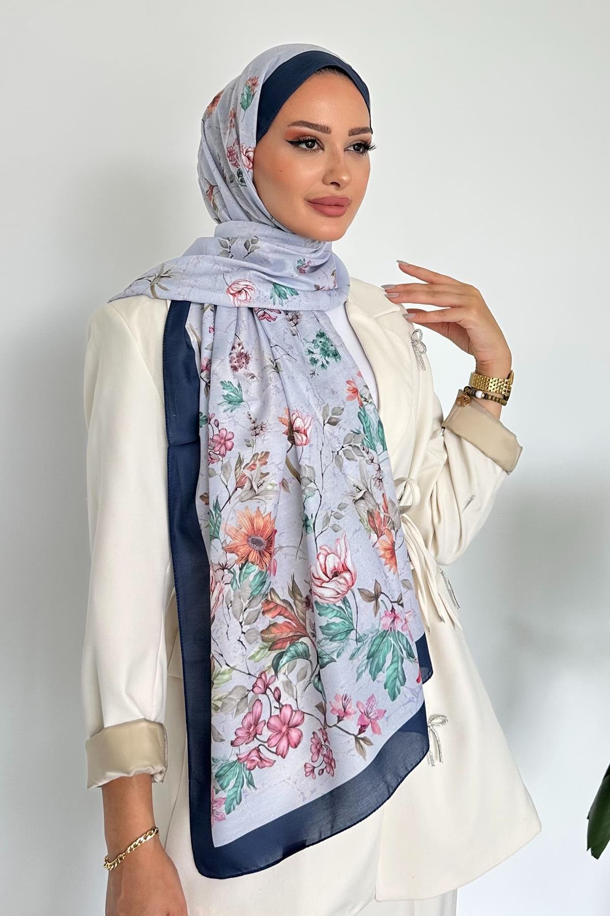  Flowers Çiçek Desenli Lacivert Renk Soft Pamuk Şal