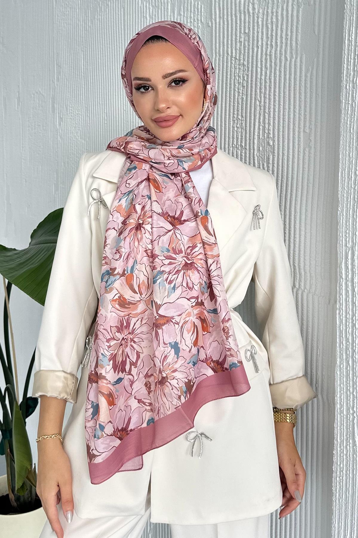  Lotus Çiçek Desen Pembe Renk Soft Pamuk Şal
