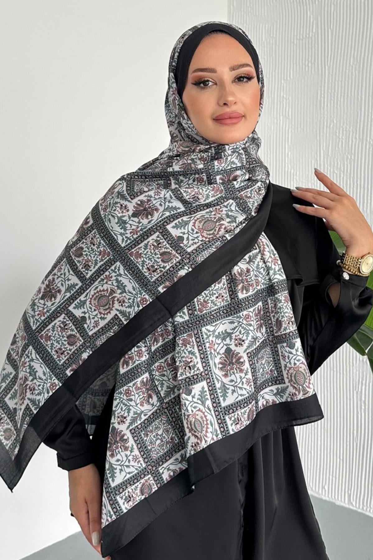  Retro Etnik Desen Siyah Renk Soft Pamuk Şal