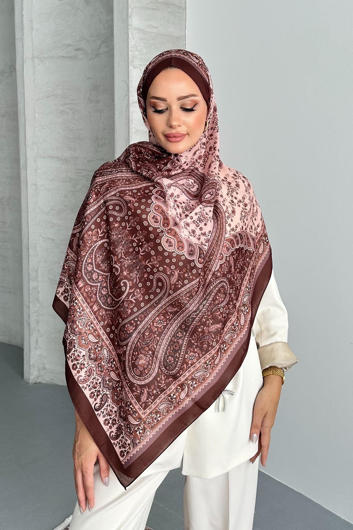 Colorful Paisley Etnik Desenli Kahverengi Soft Pamuk Şal