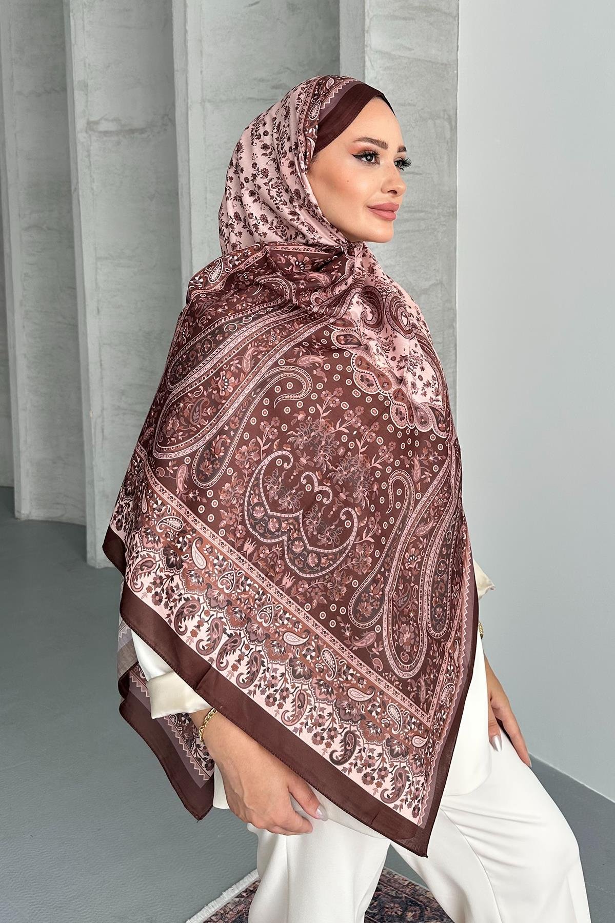 Colorful Paisley Etnik Desenli Kahverengi Soft Pamuk Şal