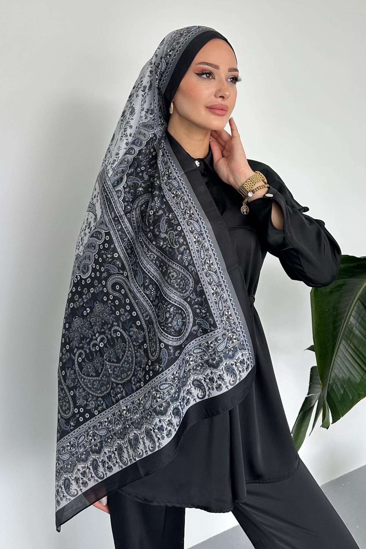 Colorful Paisley Etnik Desenli Siyah Renk Soft Pamuk Şal
