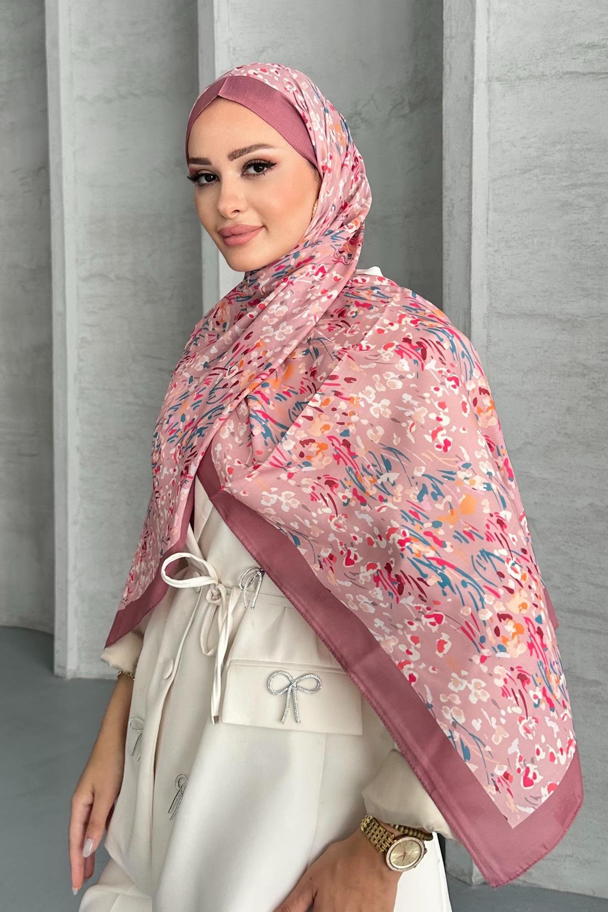 Etnik Leopar Çiçek Desen Pembe Renk Soft Pamuk Şal