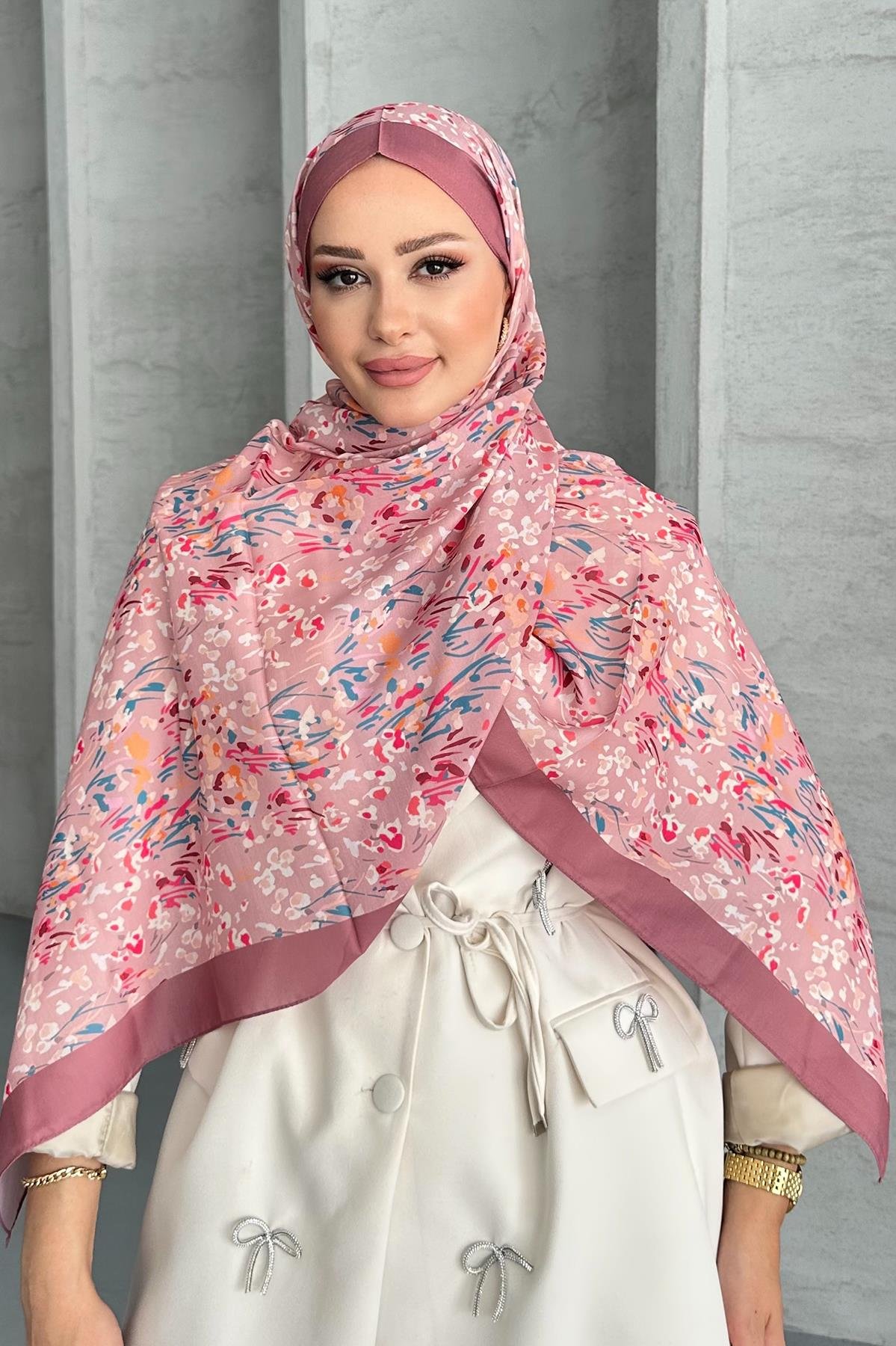 Etnik Leopar Çiçek Desen Pembe Renk Soft Pamuk Şal