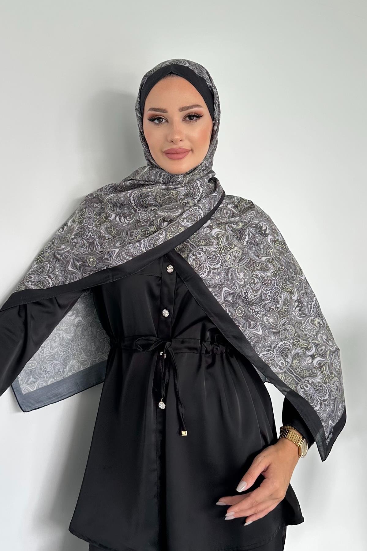 Etnik Retro Desen Siyah Renk Pamuk Soft Şal