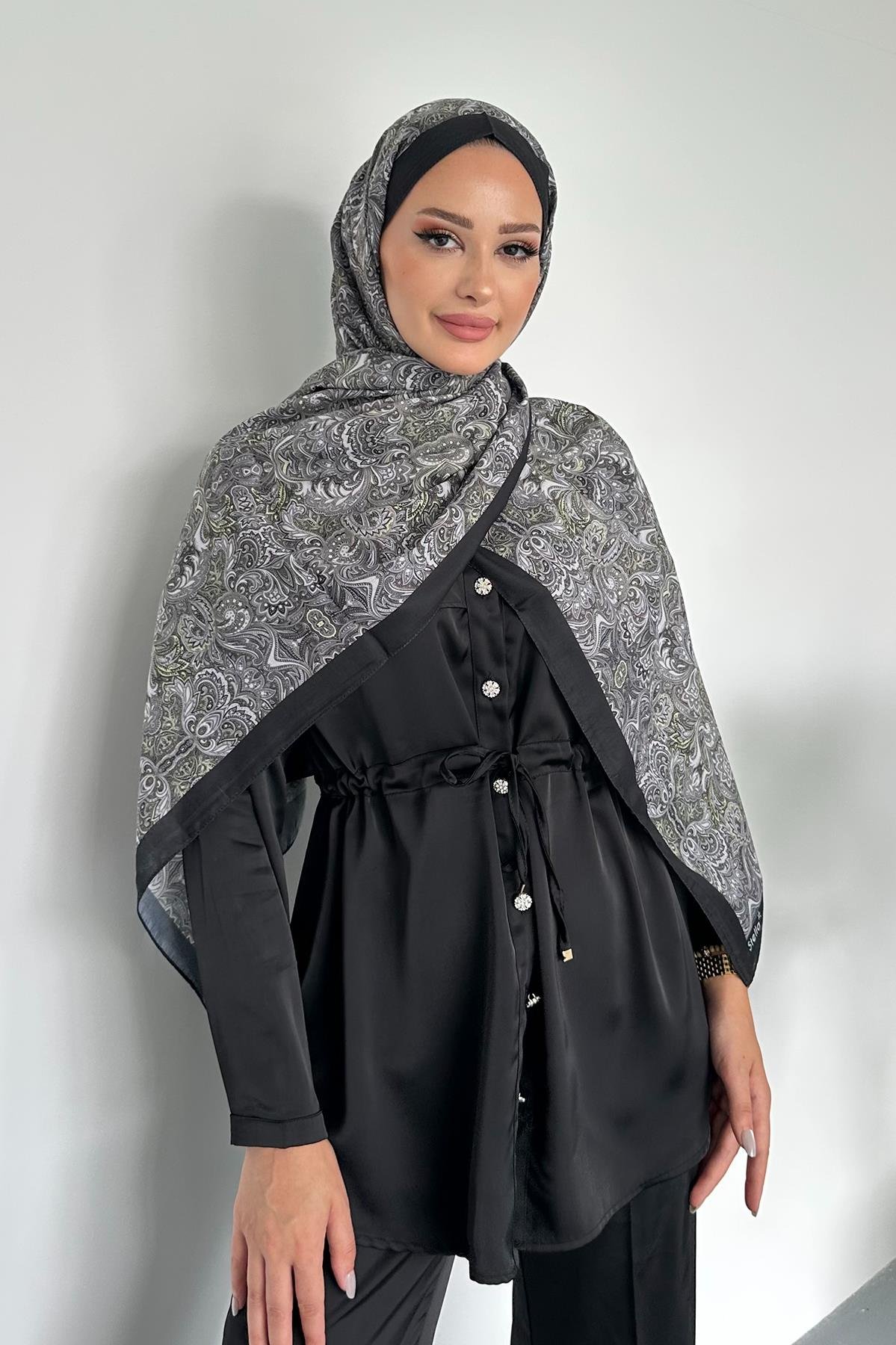 Etnik Retro Desen Siyah Renk Pamuk Soft Şal