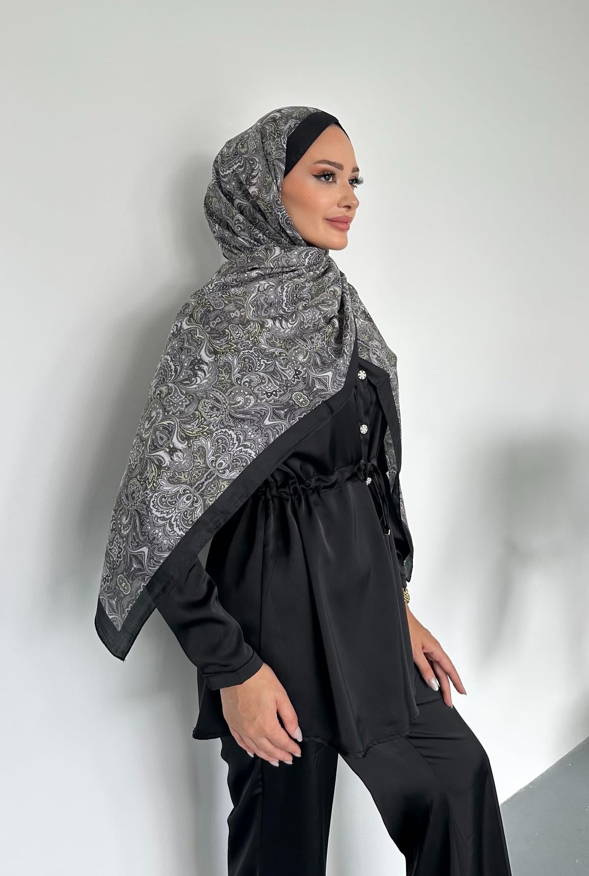 Etnik Retro Desen Siyah Renk Pamuk Soft Şal