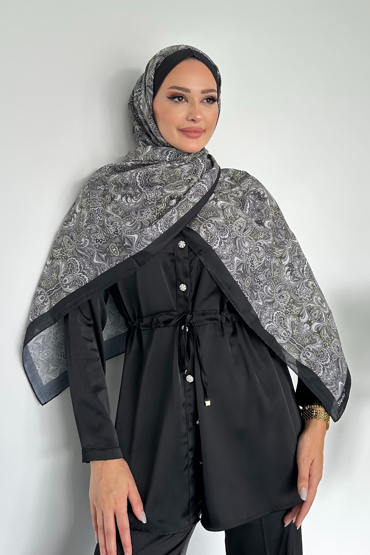 Etnik Retro Desen Siyah Renk Pamuk Soft Şal