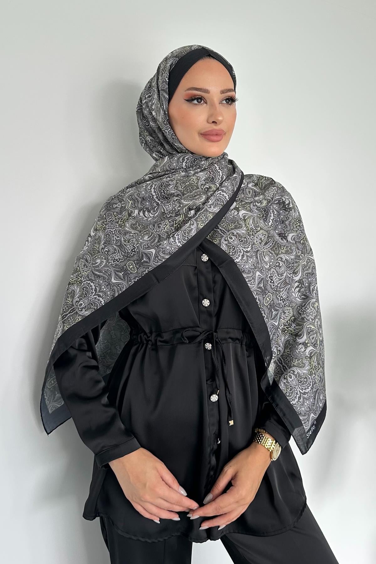 Etnik Retro Desen Siyah Renk Pamuk Soft Şal