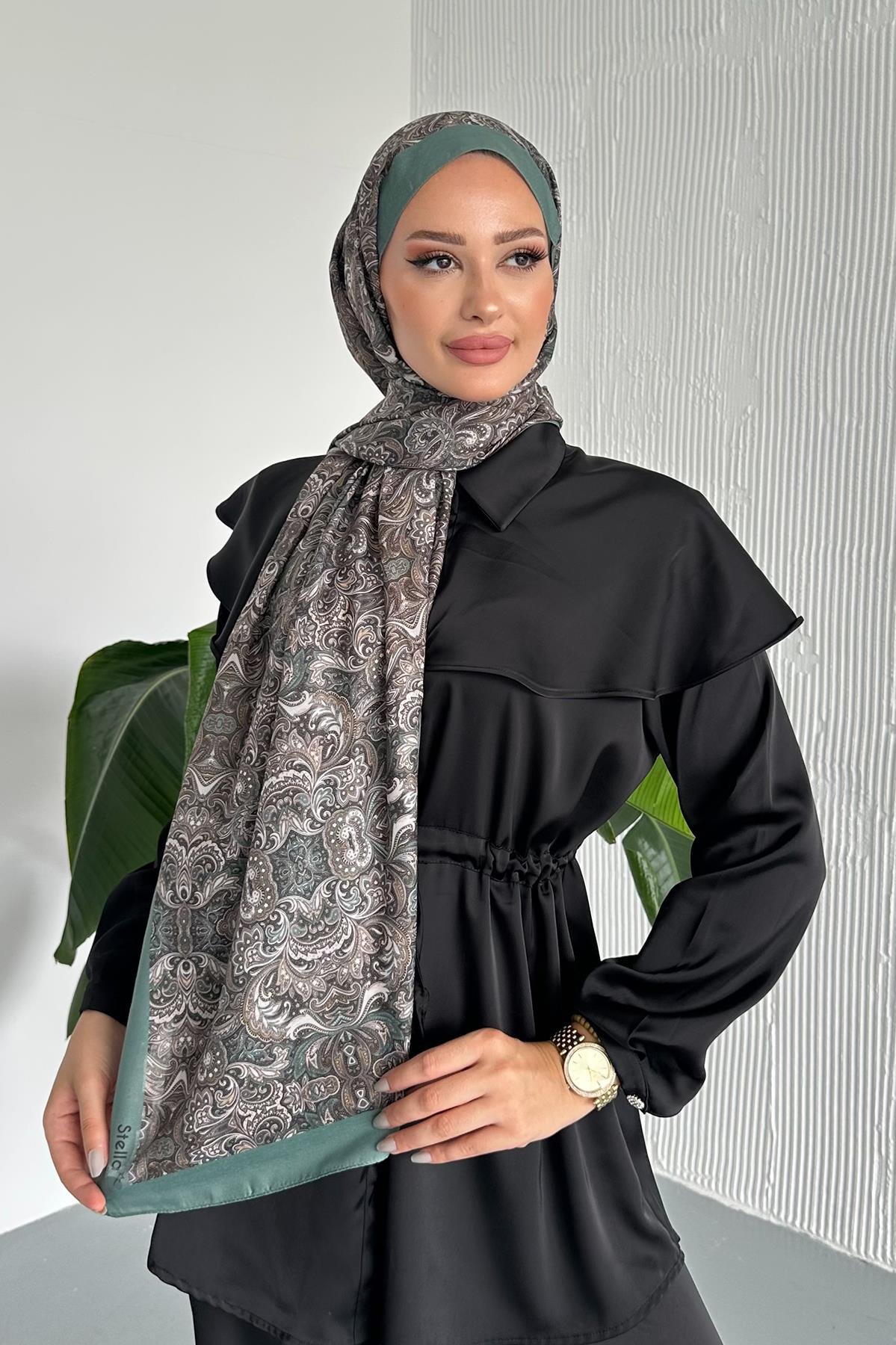 Etnik Retro Desen Yeşil Renk Soft Pamuk Şal