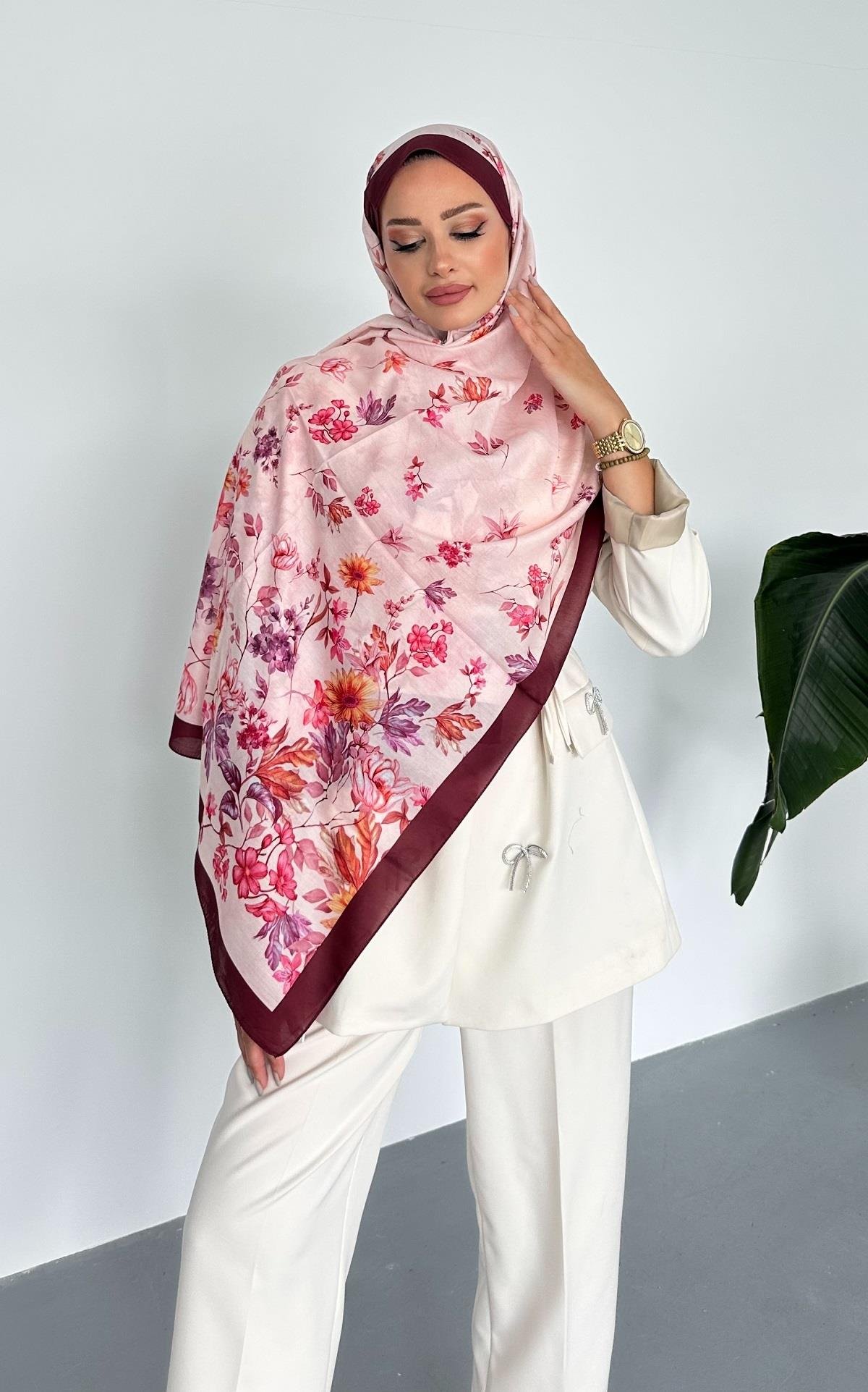 Flowers Çiçek Desenli Bordo Renk Soft Pamuk Şal