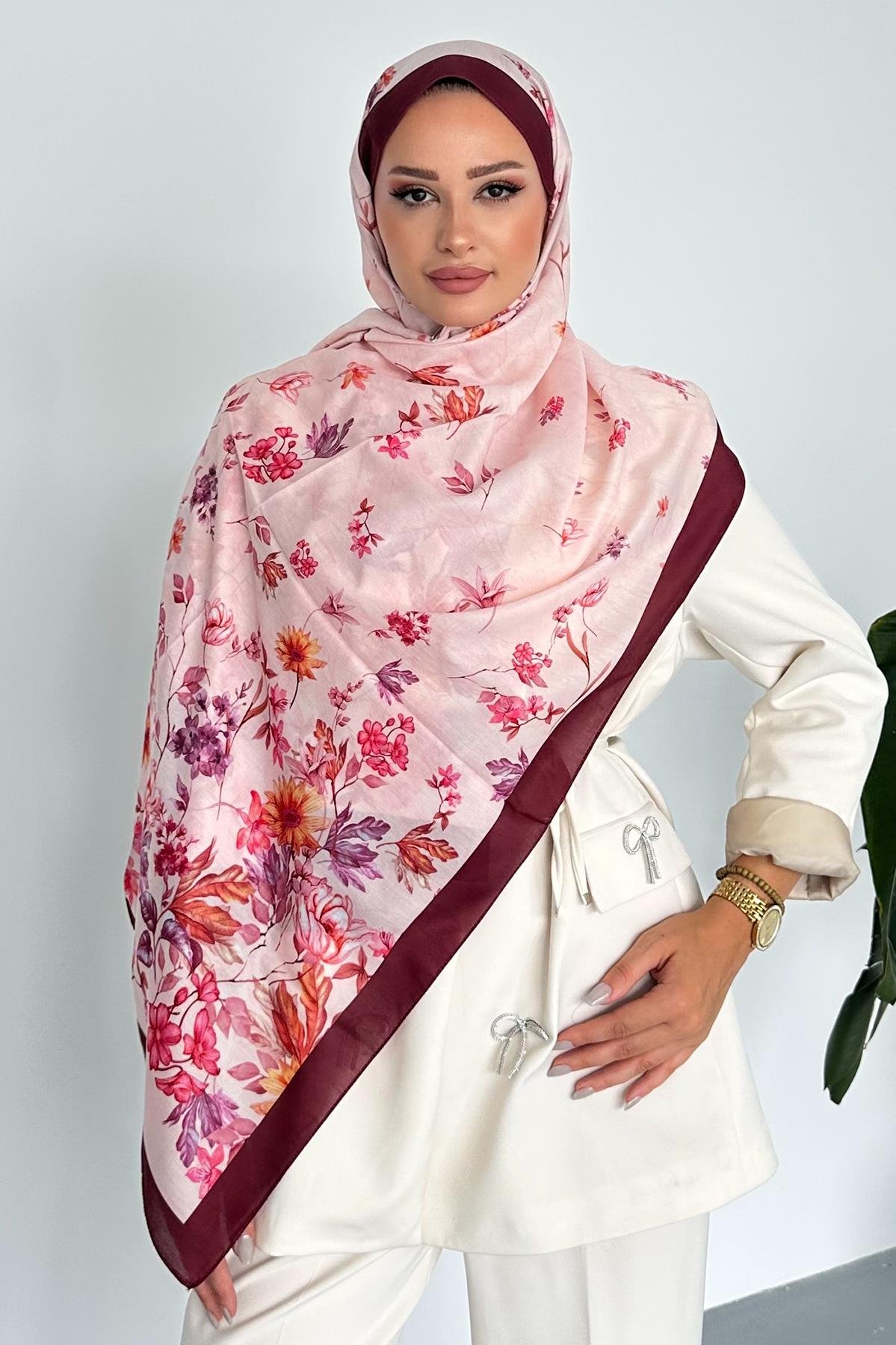 Flowers Çiçek Desenli Bordo Renk Soft Pamuk Şal