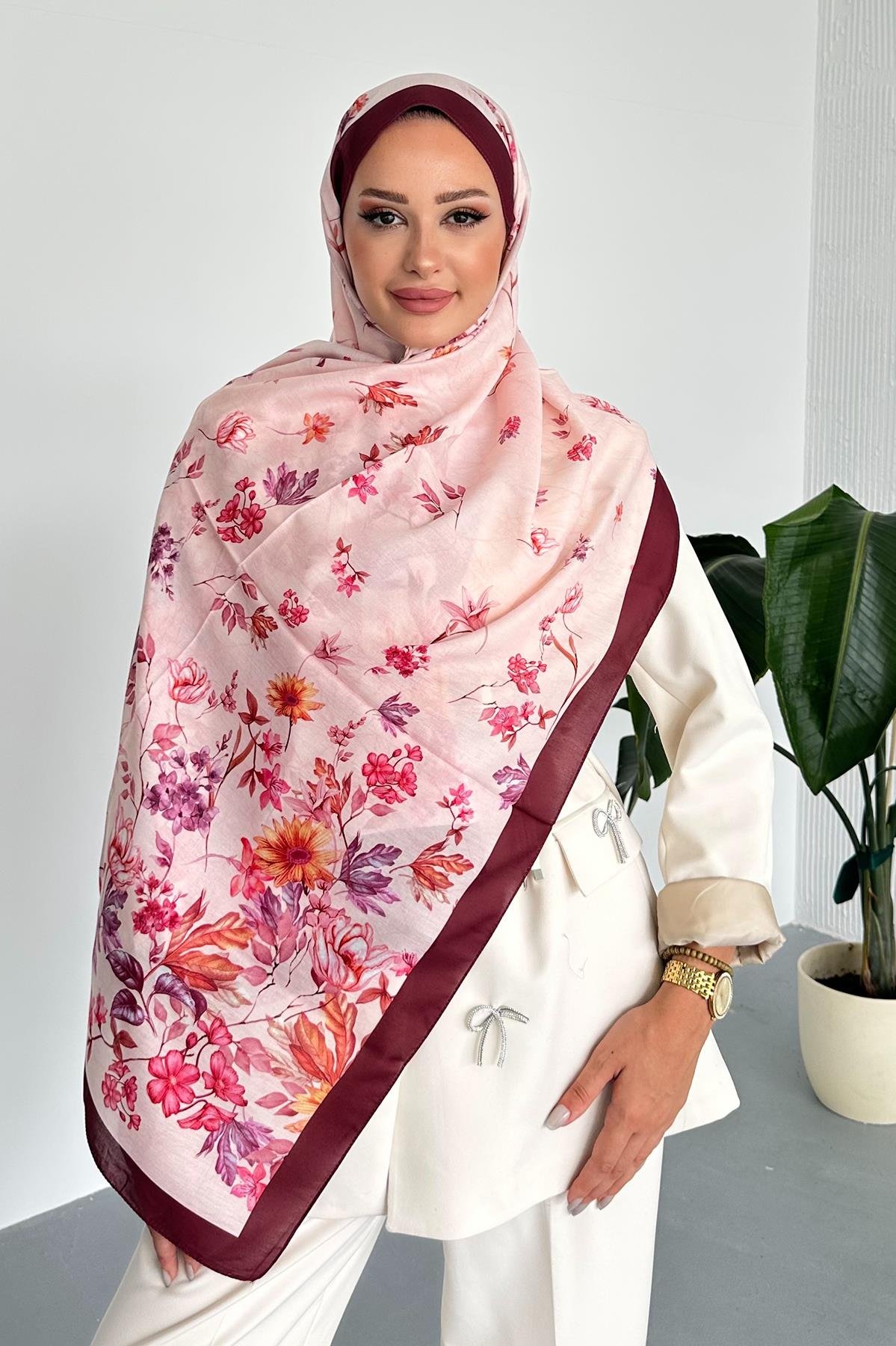 Flowers Çiçek Desenli Bordo Renk Soft Pamuk Şal