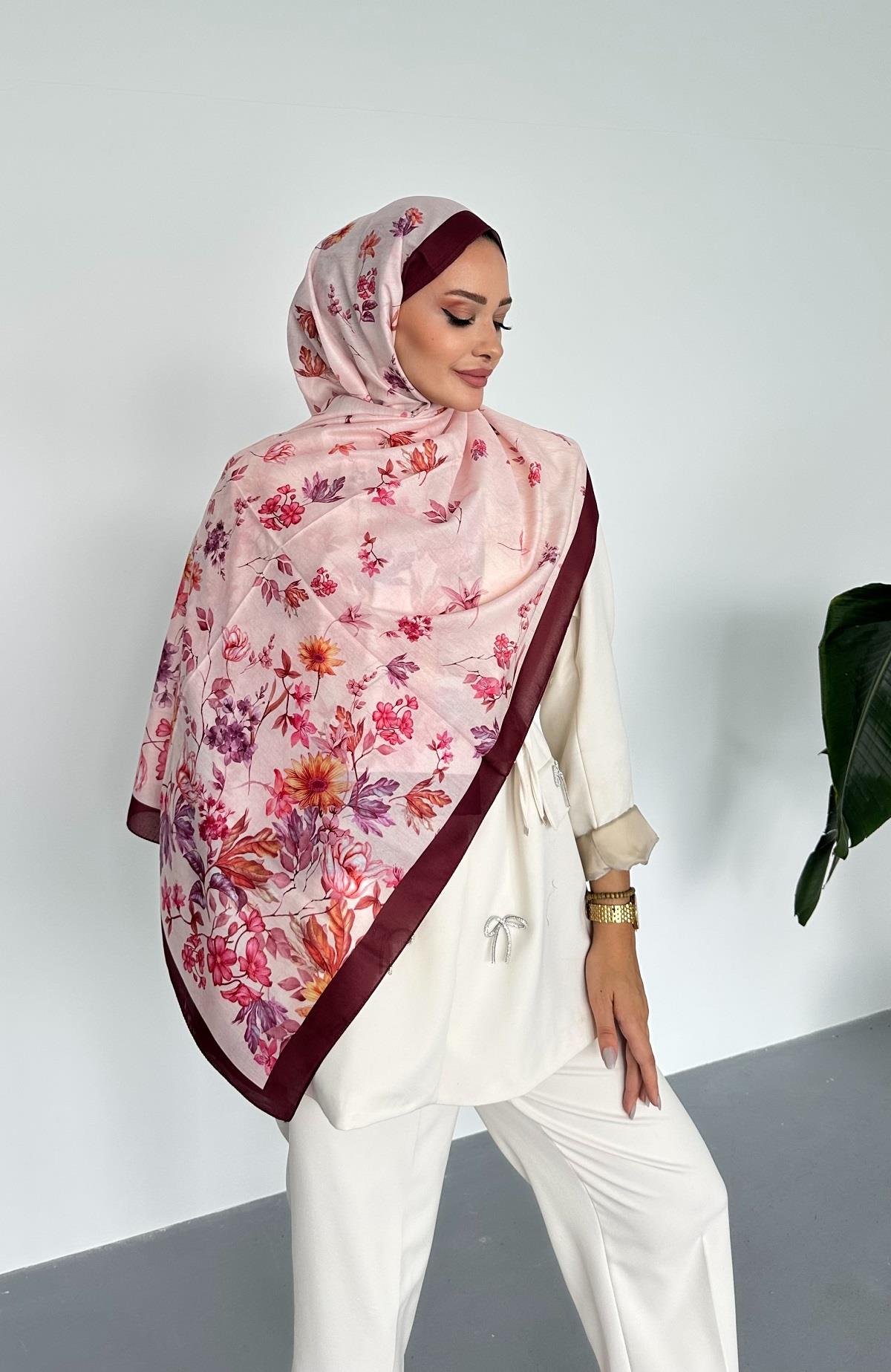 Flowers Çiçek Desenli Bordo Renk Soft Pamuk Şal