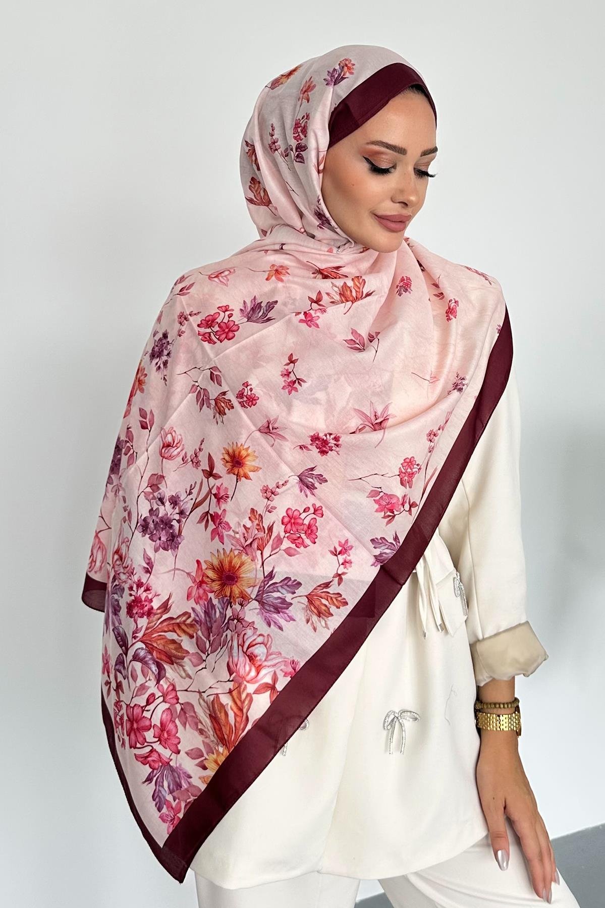 Flowers Çiçek Desenli Bordo Renk Soft Pamuk Şal