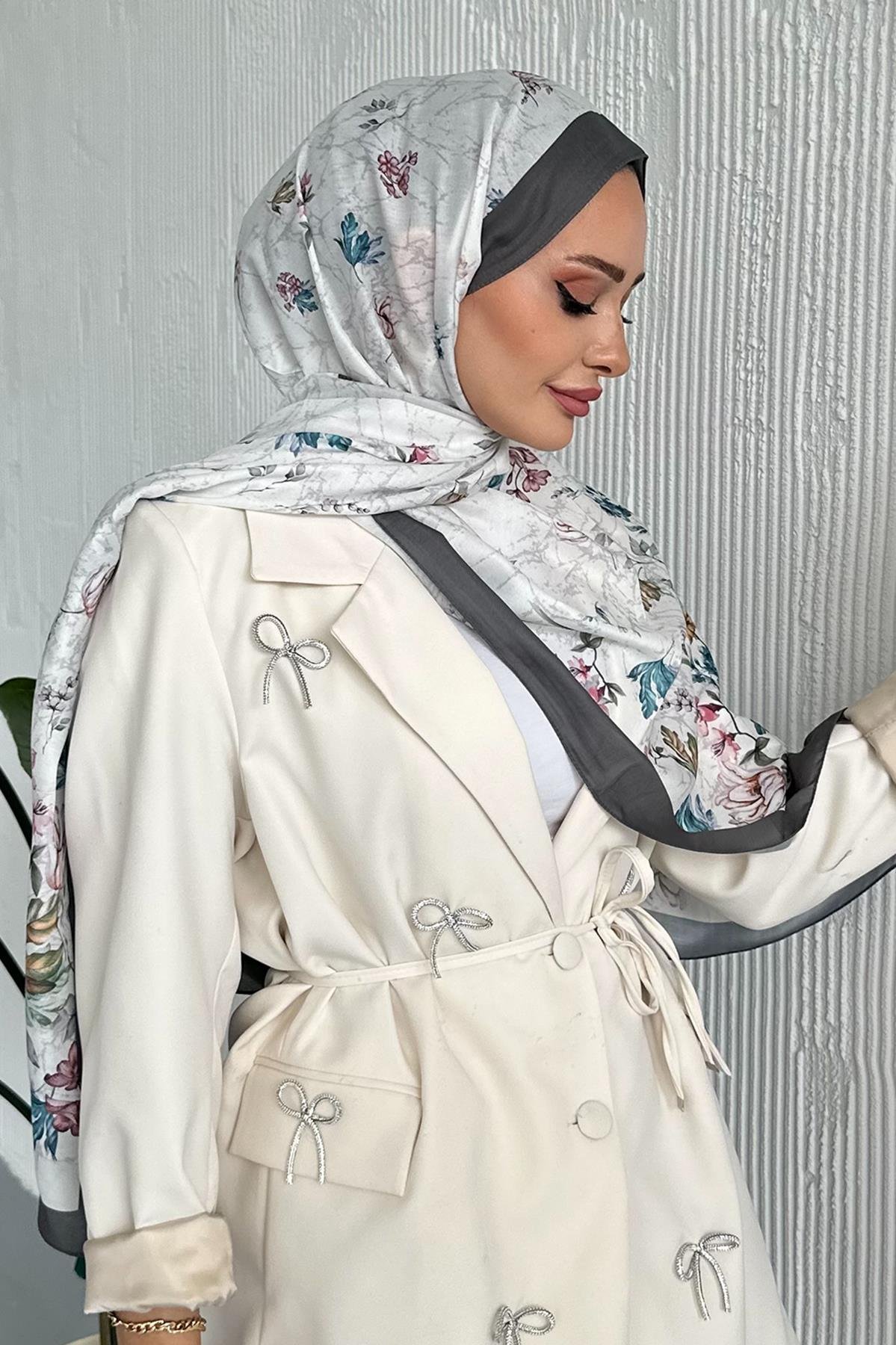 Flowers Çiçek Desenli Gri Renk Soft Pamuk Şal