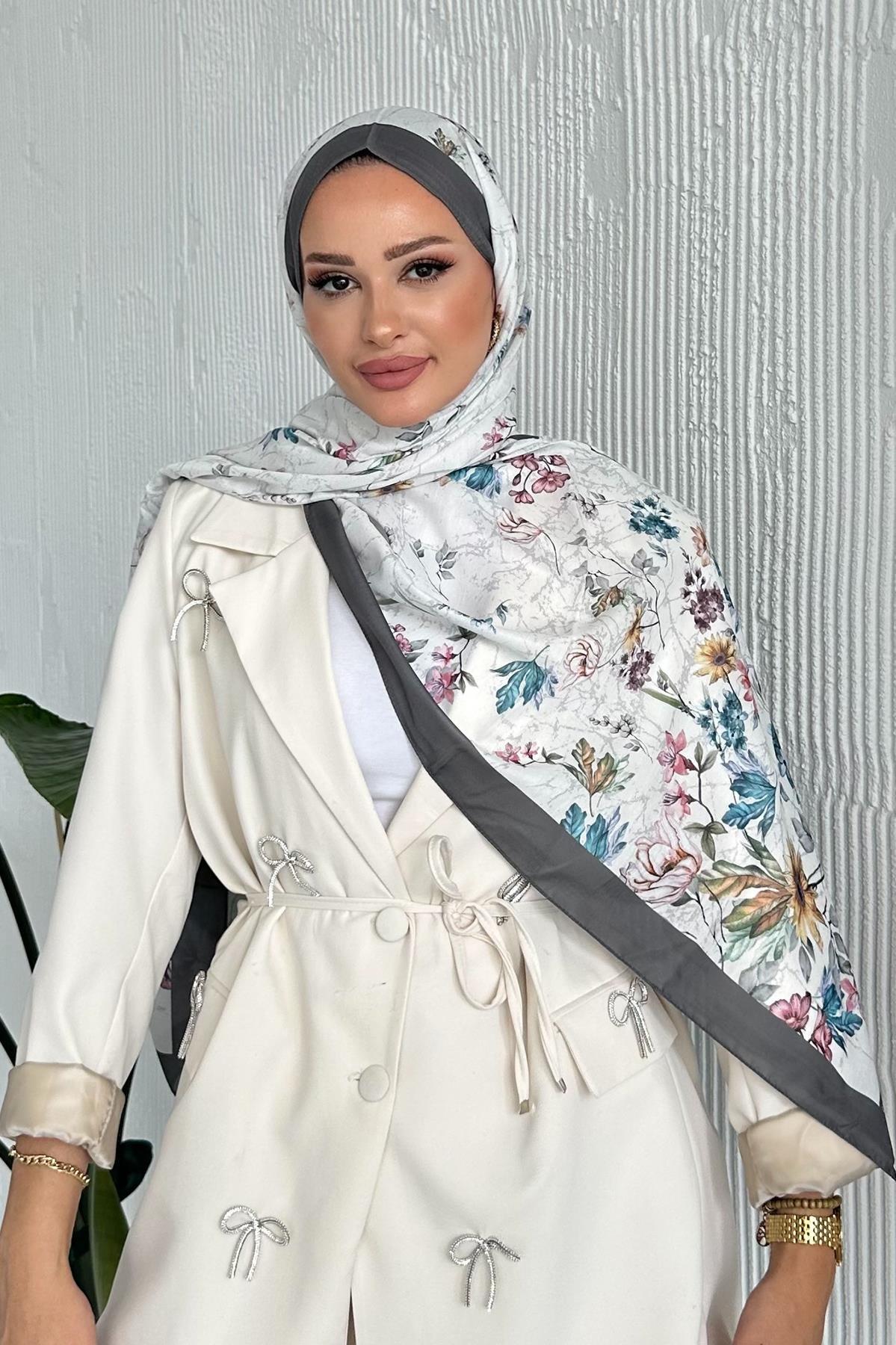 Flowers Çiçek Desenli Gri Renk Soft Pamuk Şal