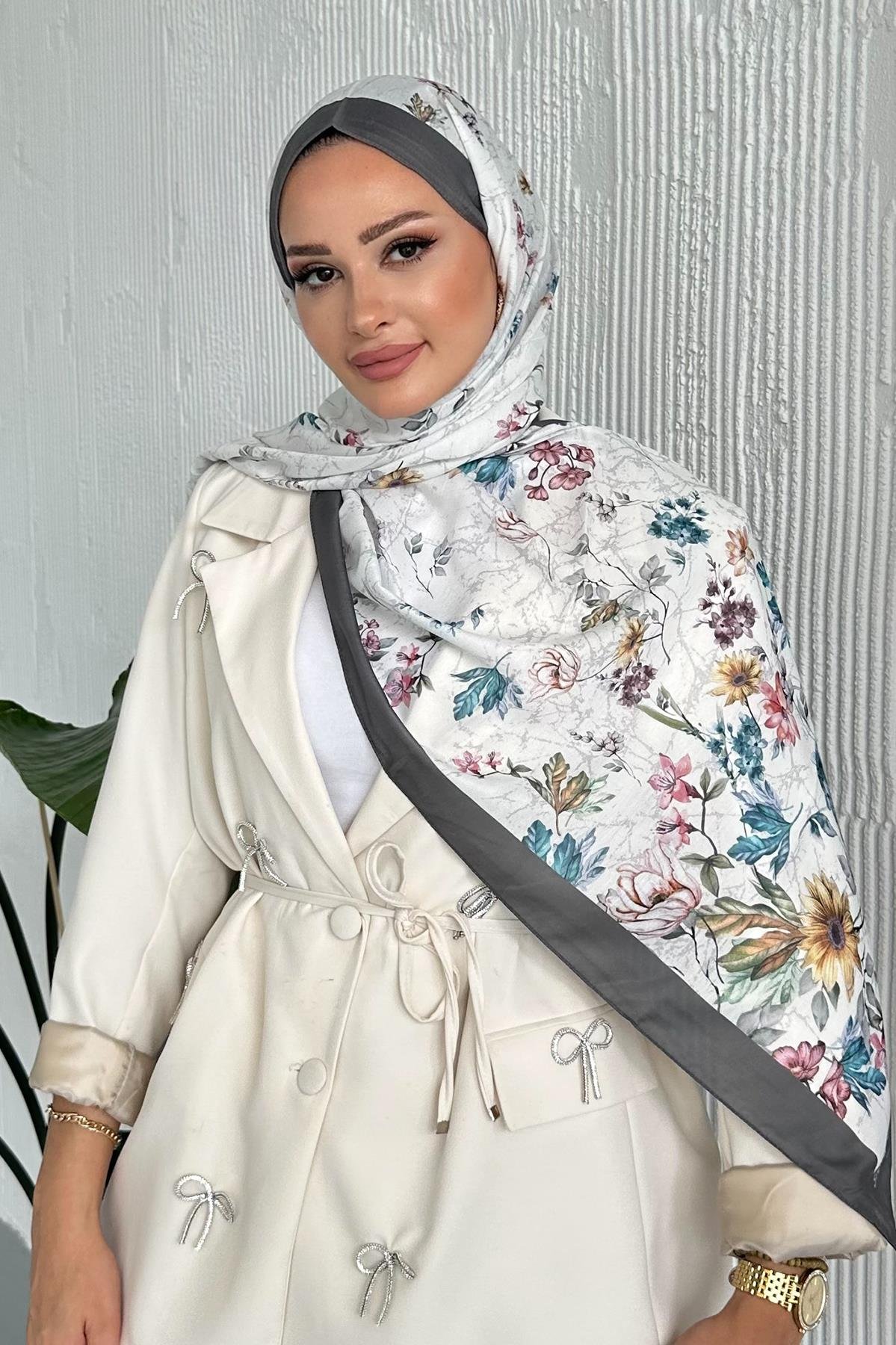 Flowers Çiçek Desenli Gri Renk Soft Pamuk Şal