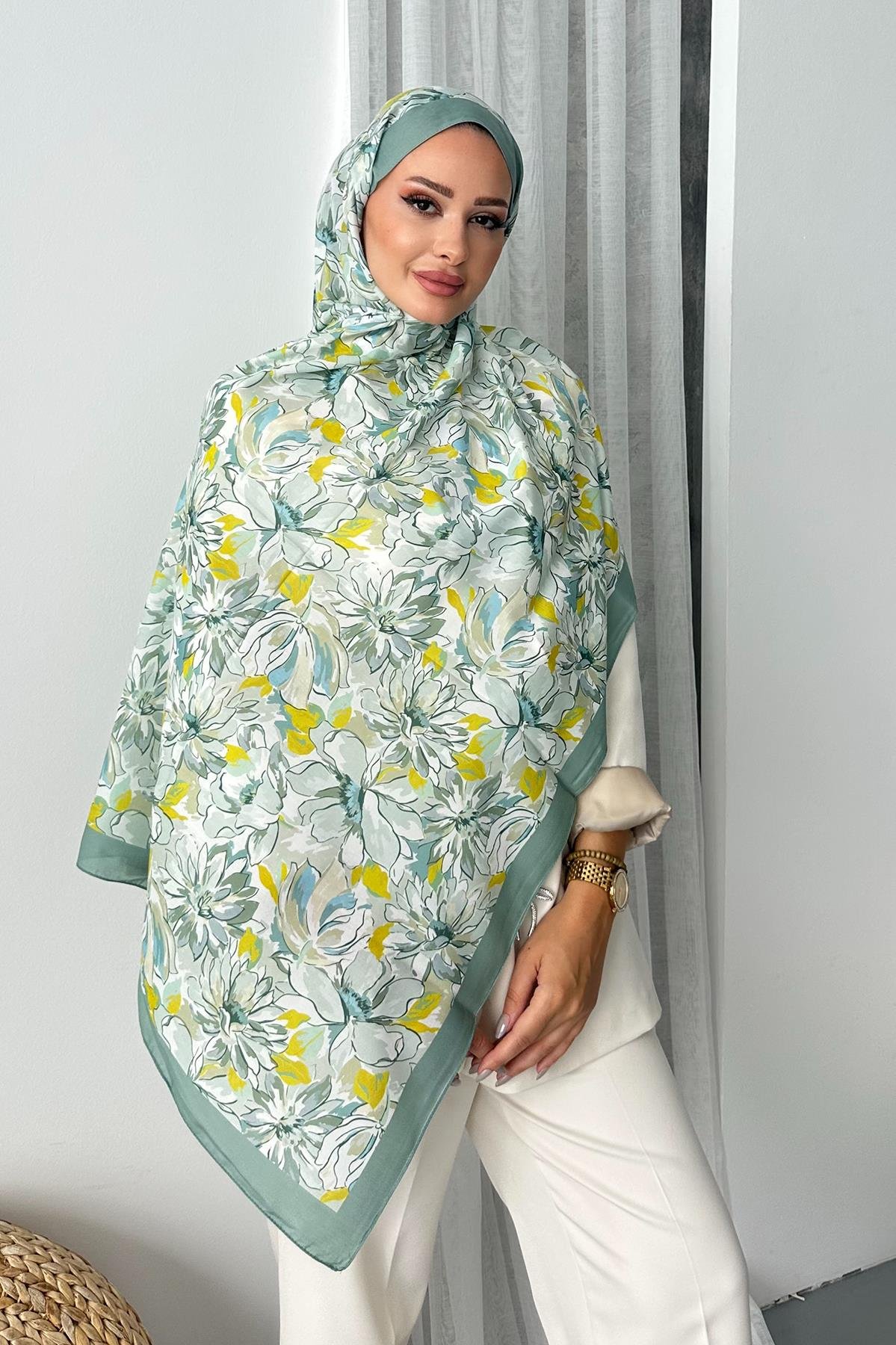 Lotus Çiçek Desen Çağla Yeşili Renk Soft Pamuk Şal