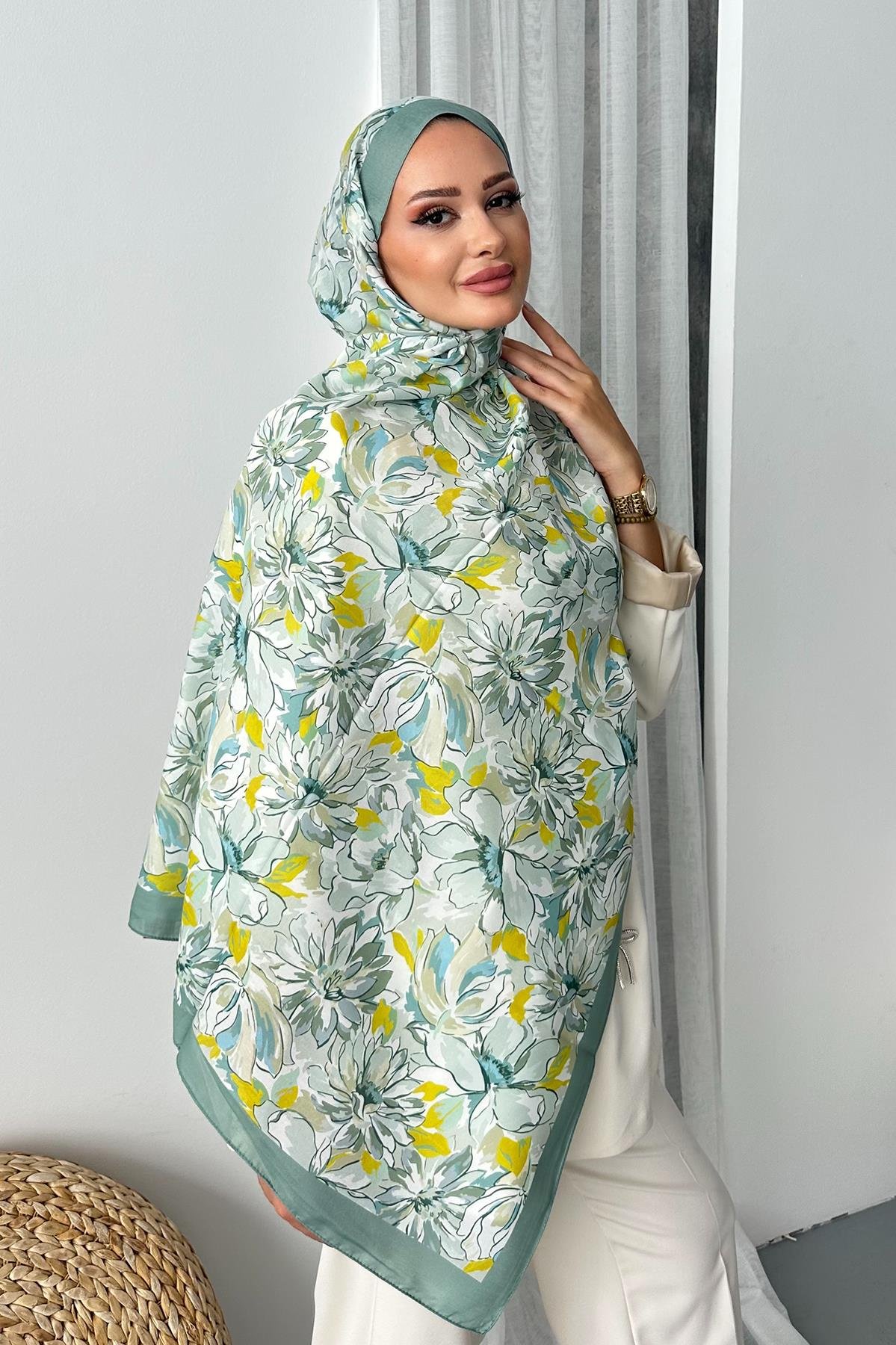 Lotus Çiçek Desen Çağla Yeşili Renk Soft Pamuk Şal