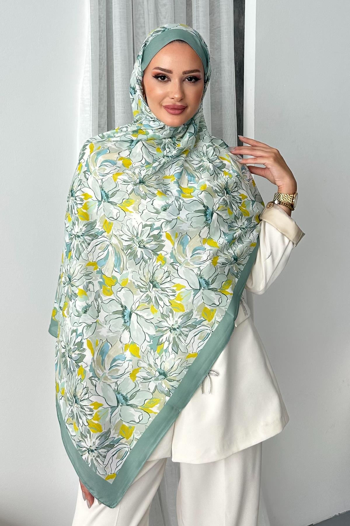 Lotus Çiçek Desen Çağla Yeşili Renk Soft Pamuk Şal