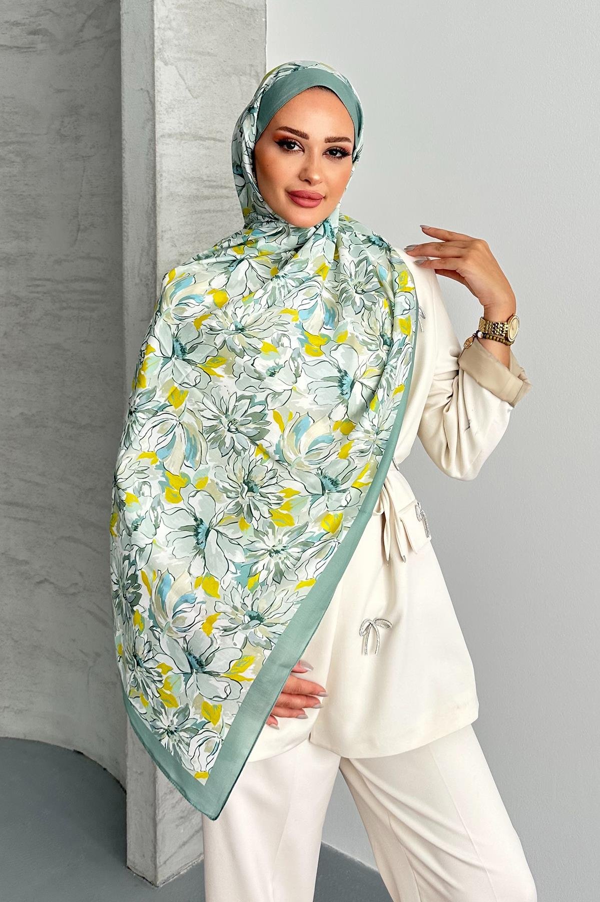 Lotus Çiçek Desen Çağla Yeşili Renk Soft Pamuk Şal
