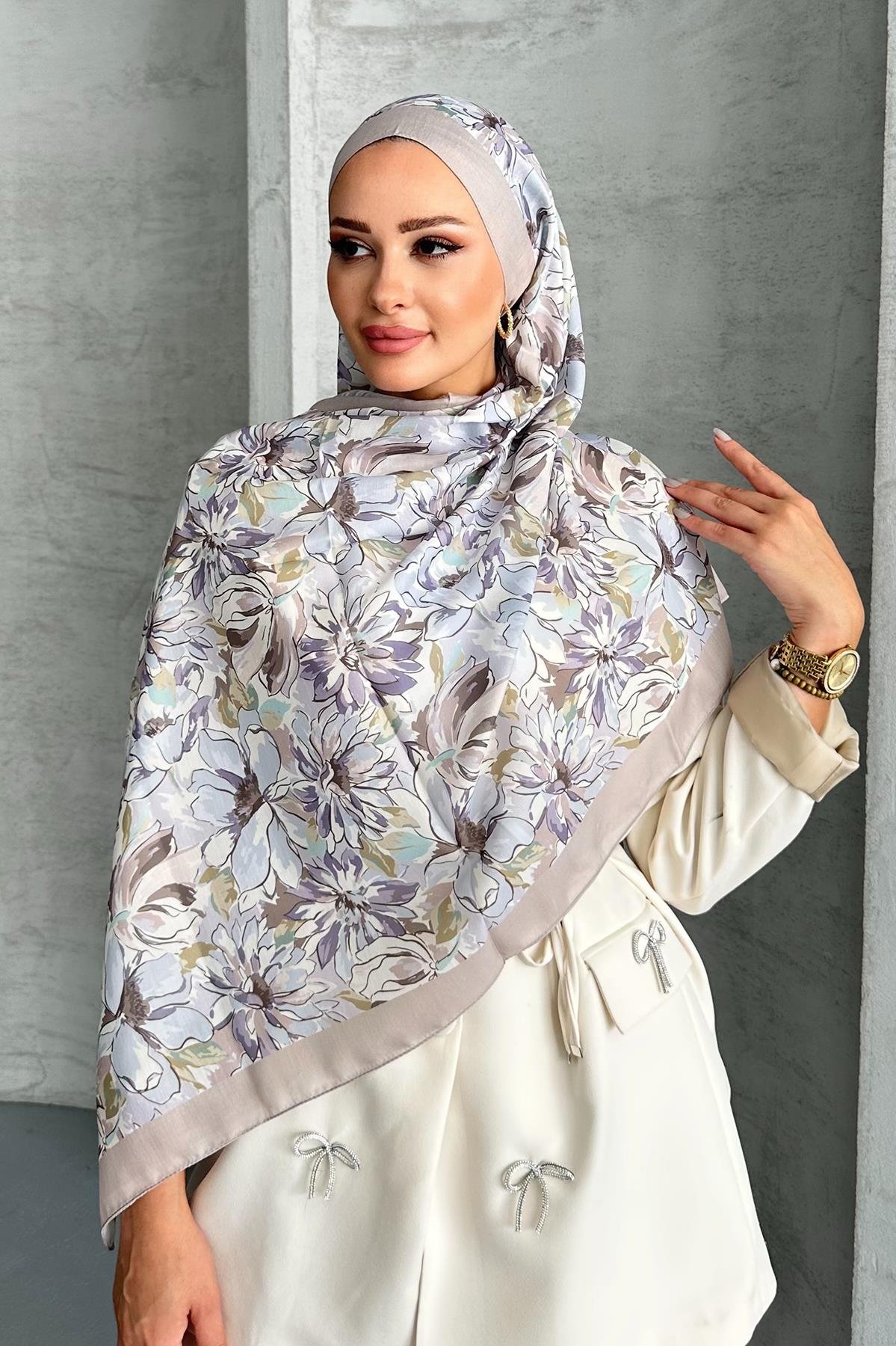 Lotus Çiçek Desen Gri Renk Soft Pamuk Şal