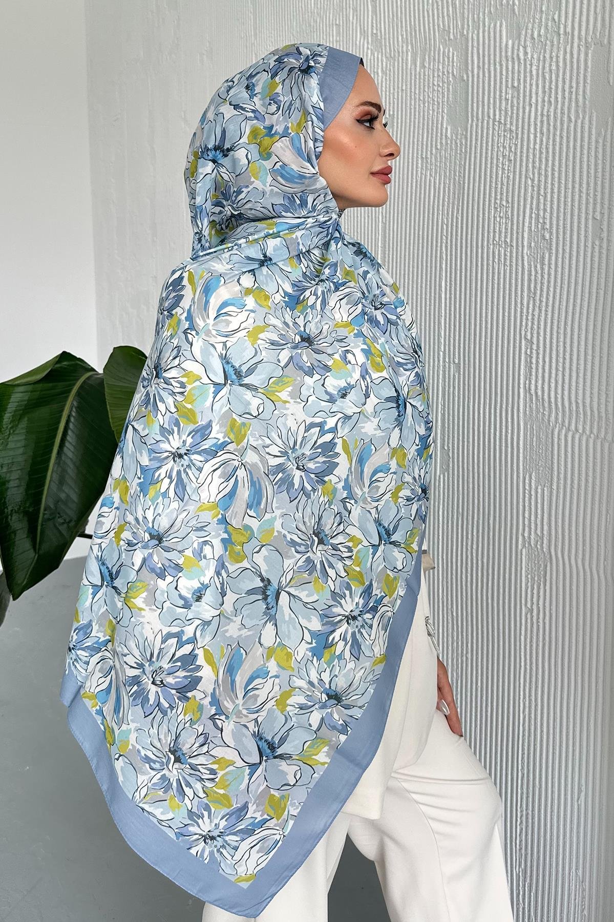 Lotus Çiçek Desen Mavi Renk Soft Pamuk Şal