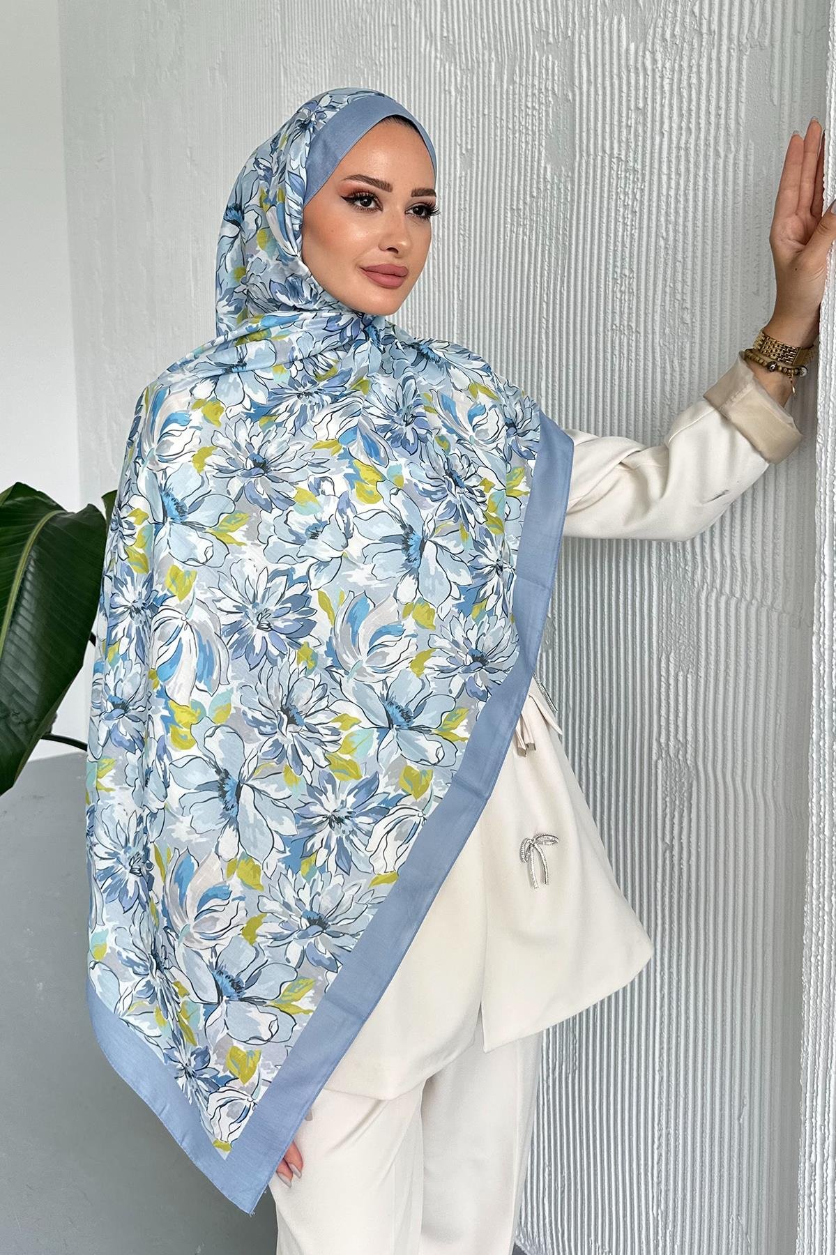 Lotus Çiçek Desen Mavi Renk Soft Pamuk Şal