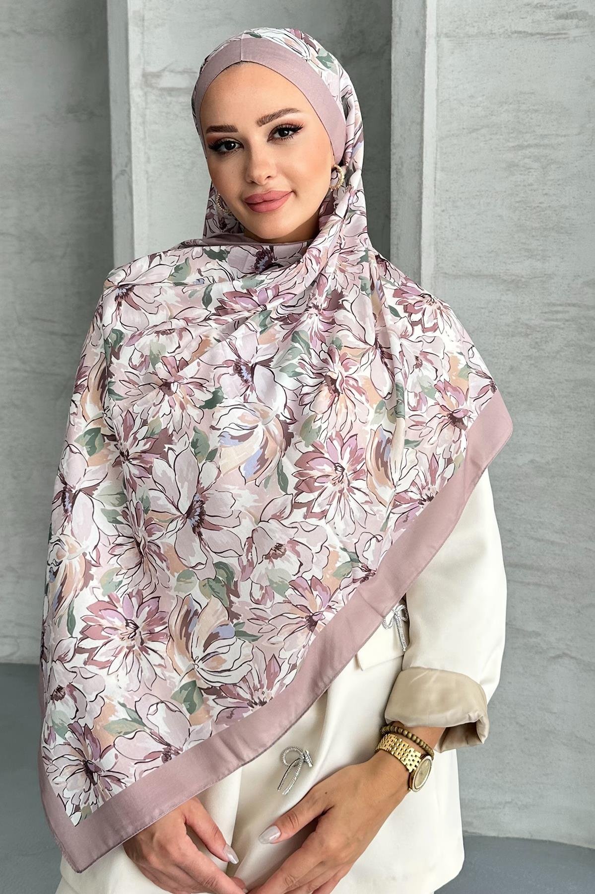 Lotus Çiçek Desen Vizon Renk Soft Pamuk Şal