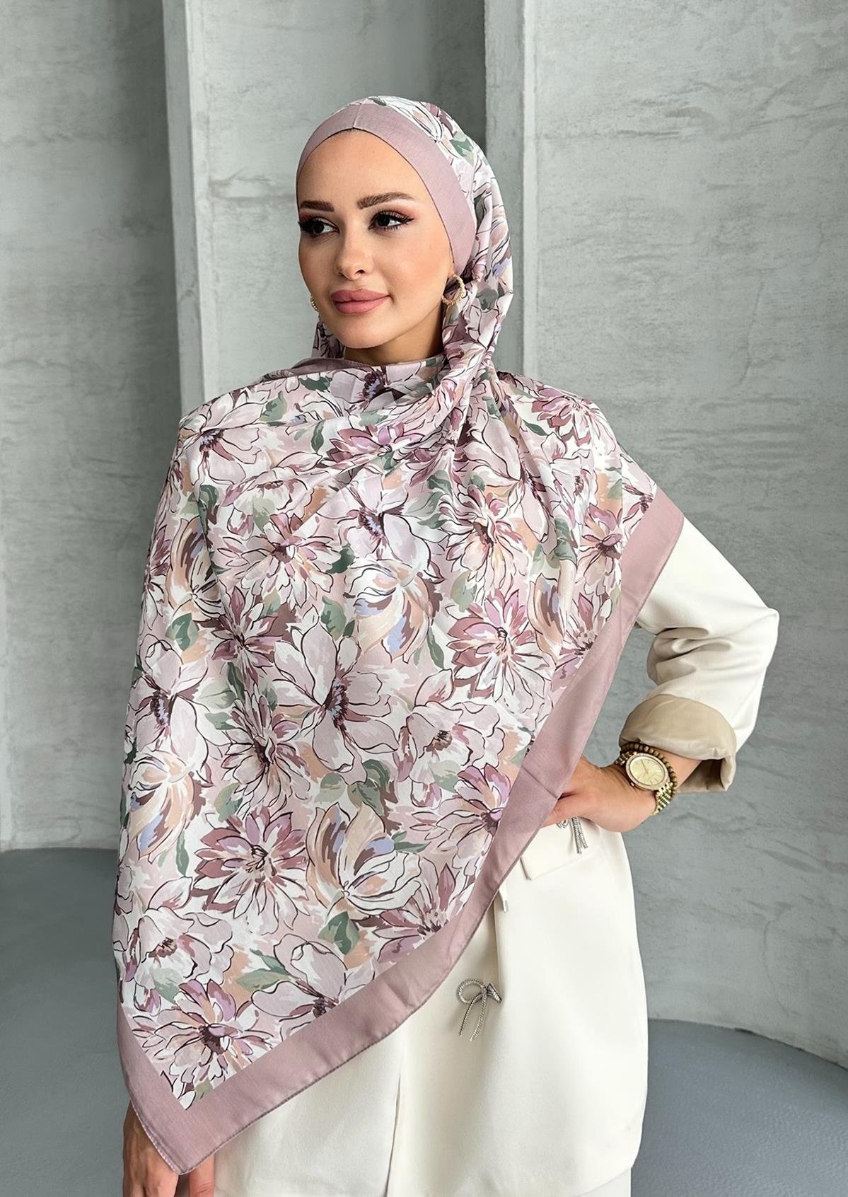 Lotus Çiçek Desen Vizon Renk Soft Pamuk Şal