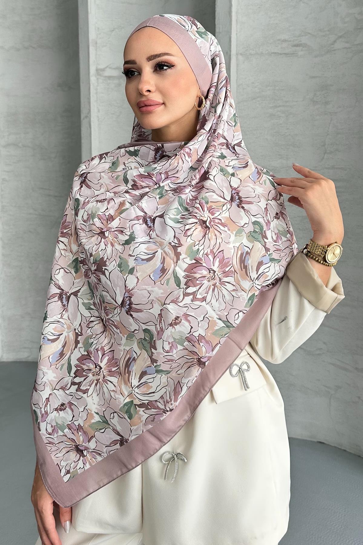 Lotus Çiçek Desen Vizon Renk Soft Pamuk Şal