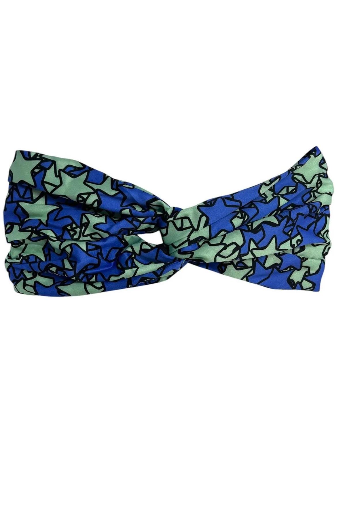 Mavi Yeşil Renkli Yıldız Desenli Saten Bandana