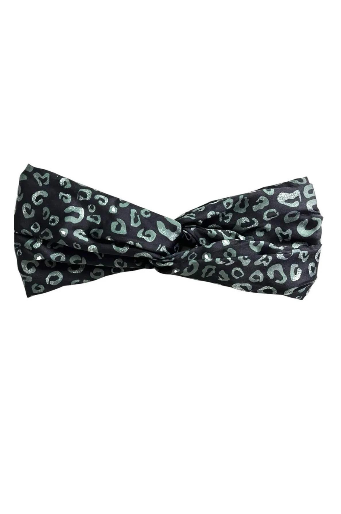 Siyah-Yeşil Leopar Desenli Saten Bandana