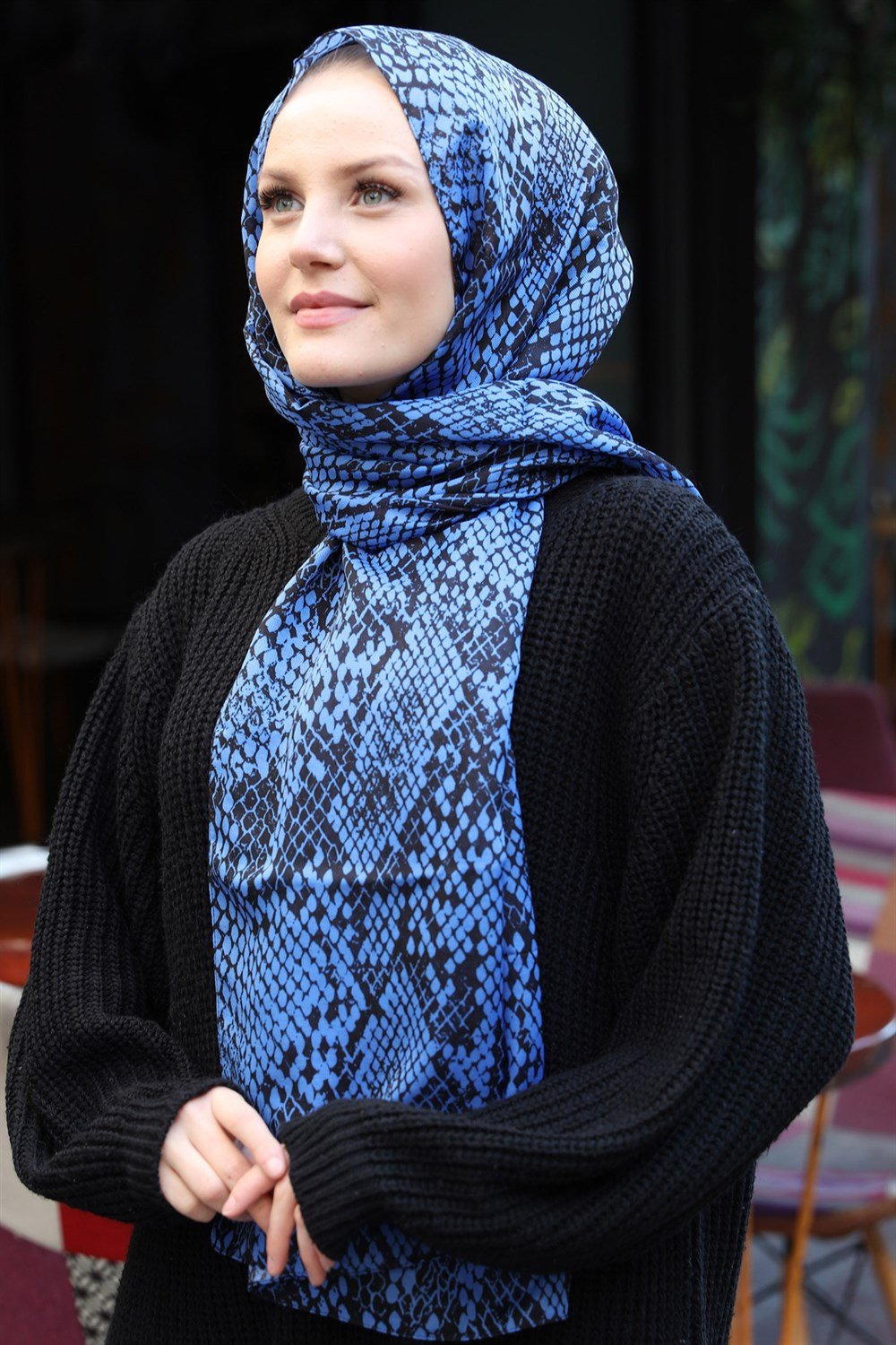 STELLA Snake Desen Pamuklu Şal Mavi