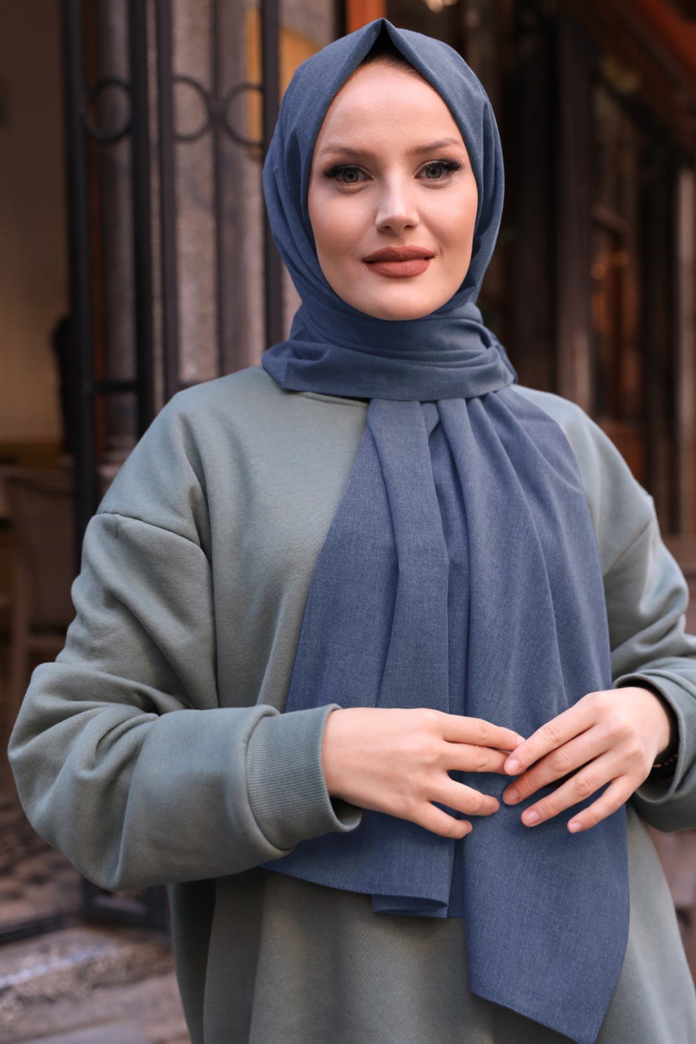 Taşlanmış Organik Pamuk Şal İndigo