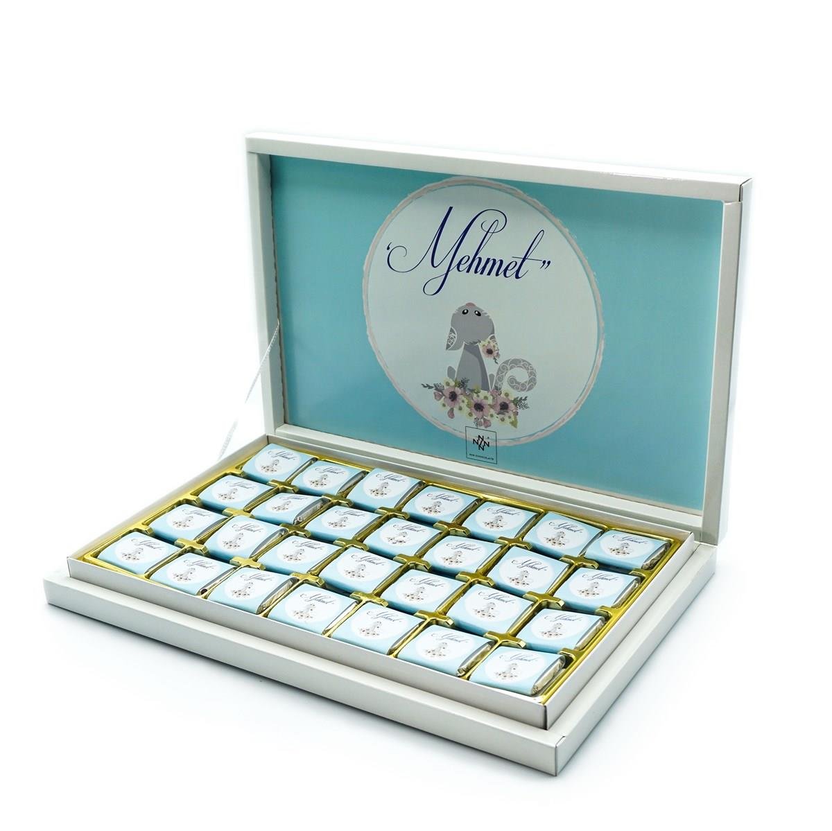 Erkek Bebek Çikolatası 84 Adet Madlen Çikolata Mavi Kedi