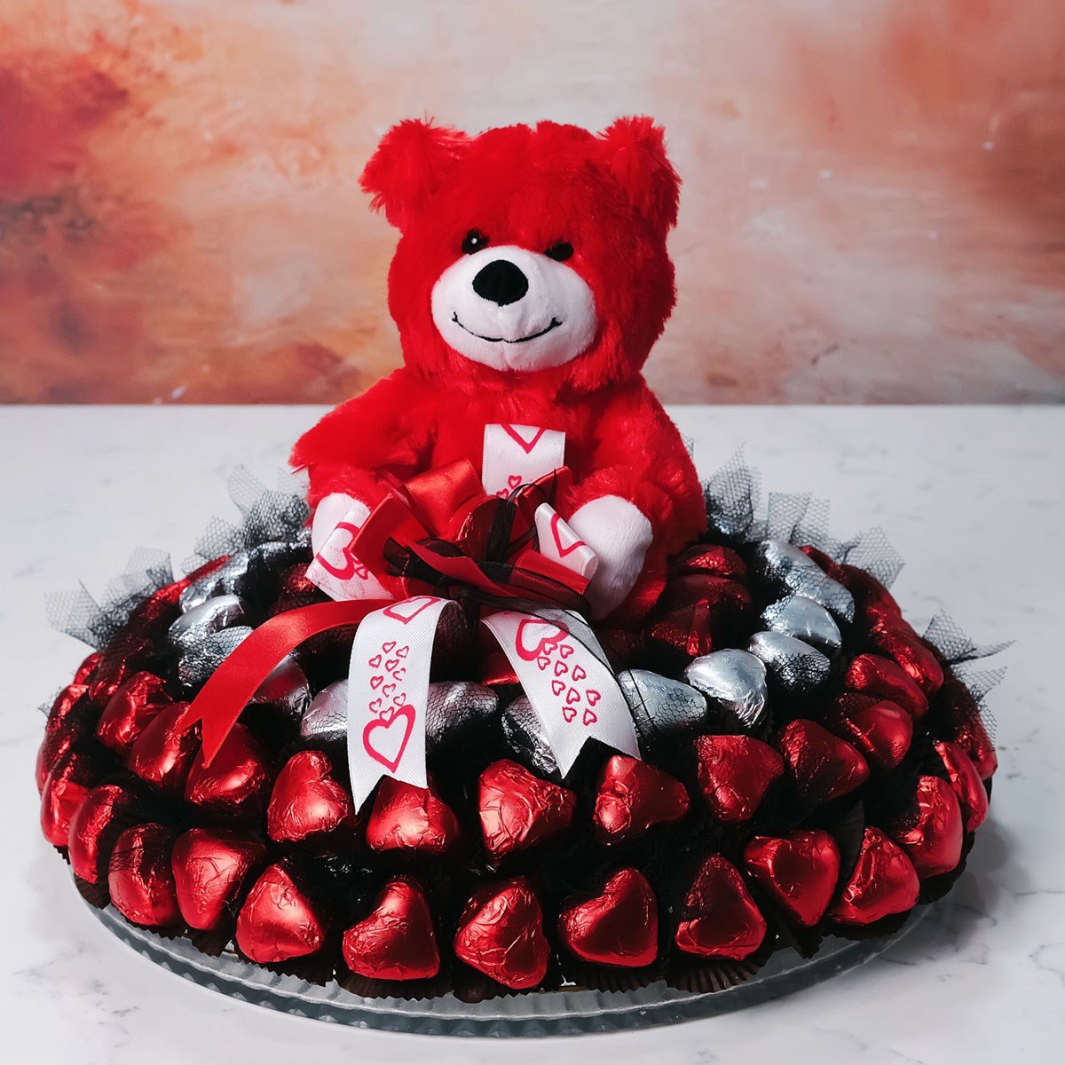 Sevgilime Kalp Kalbe Yaldızlı Çikolata Tepsisi Kırmızı Ayıcıklı