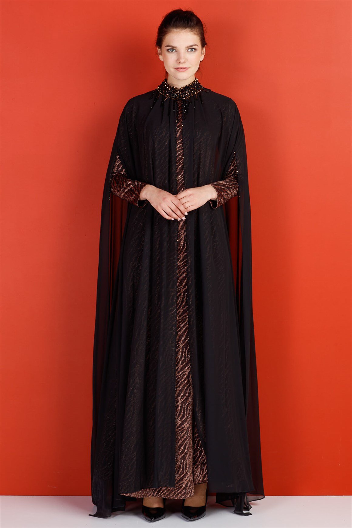 Copper - Stony Collar Chiffon Evening Dress