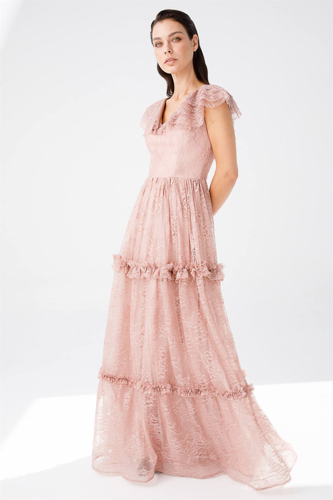 Dantel Kumaşa Yakası Volanlı Eteği Kat Kat Abiye  Somon