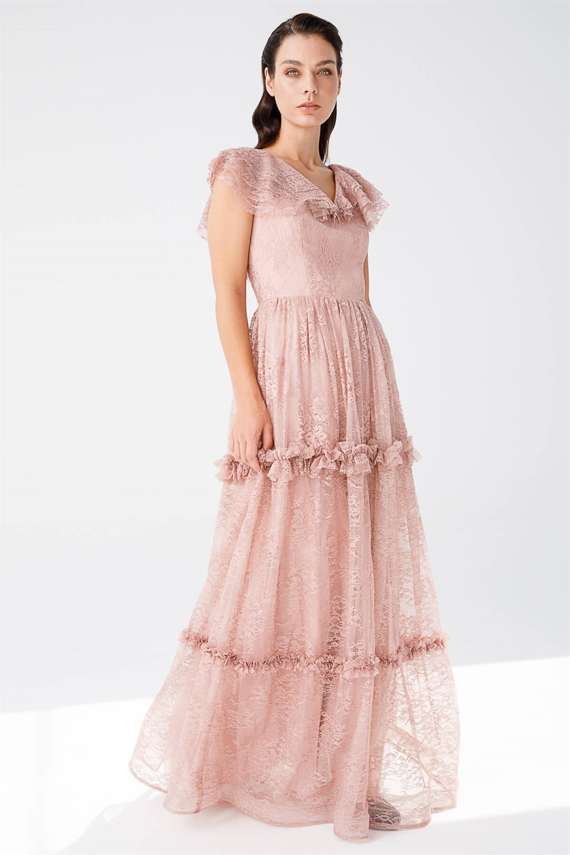 Dantel Kumaşa Yakası Volanlı Eteği Kat Kat Abiye  Somon