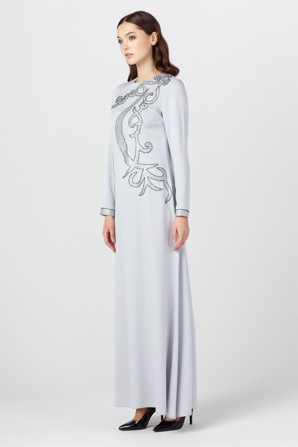 Grey - Evening Dress Front Side Patterned