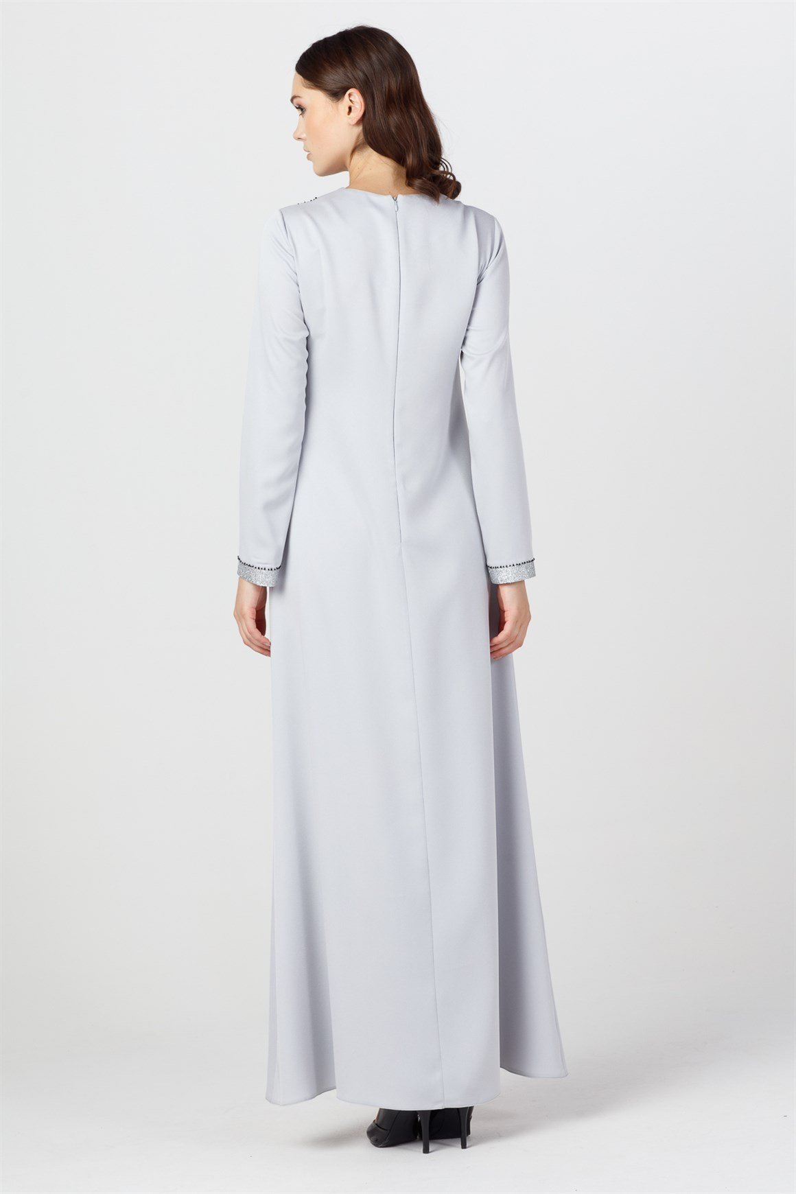 Grey - Evening Dress Front Side Patterned