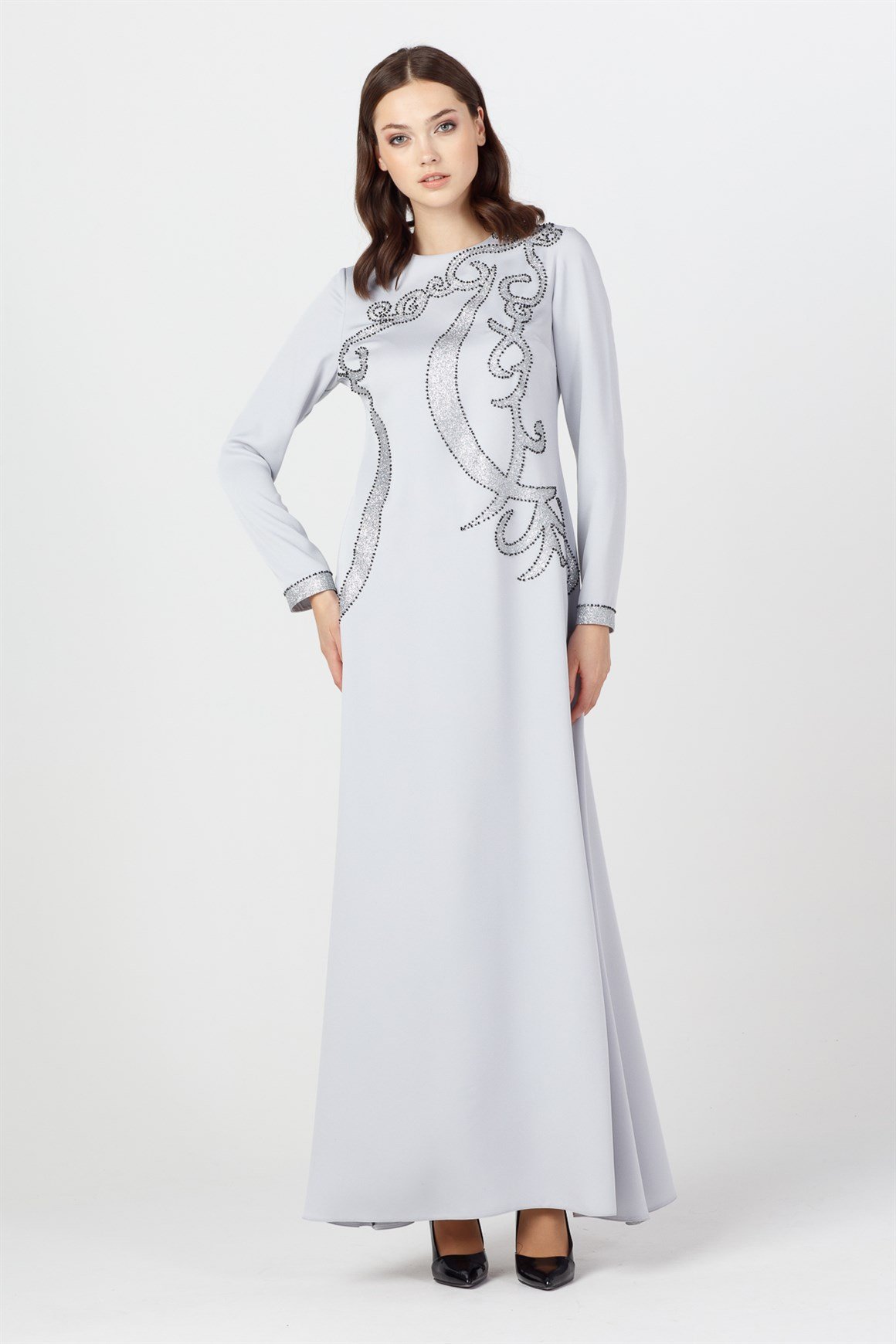 Grey - Evening Dress Front Side Patterned