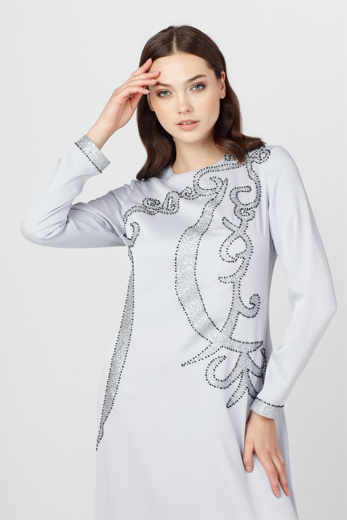 Grey - Evening Dress Front Side Patterned