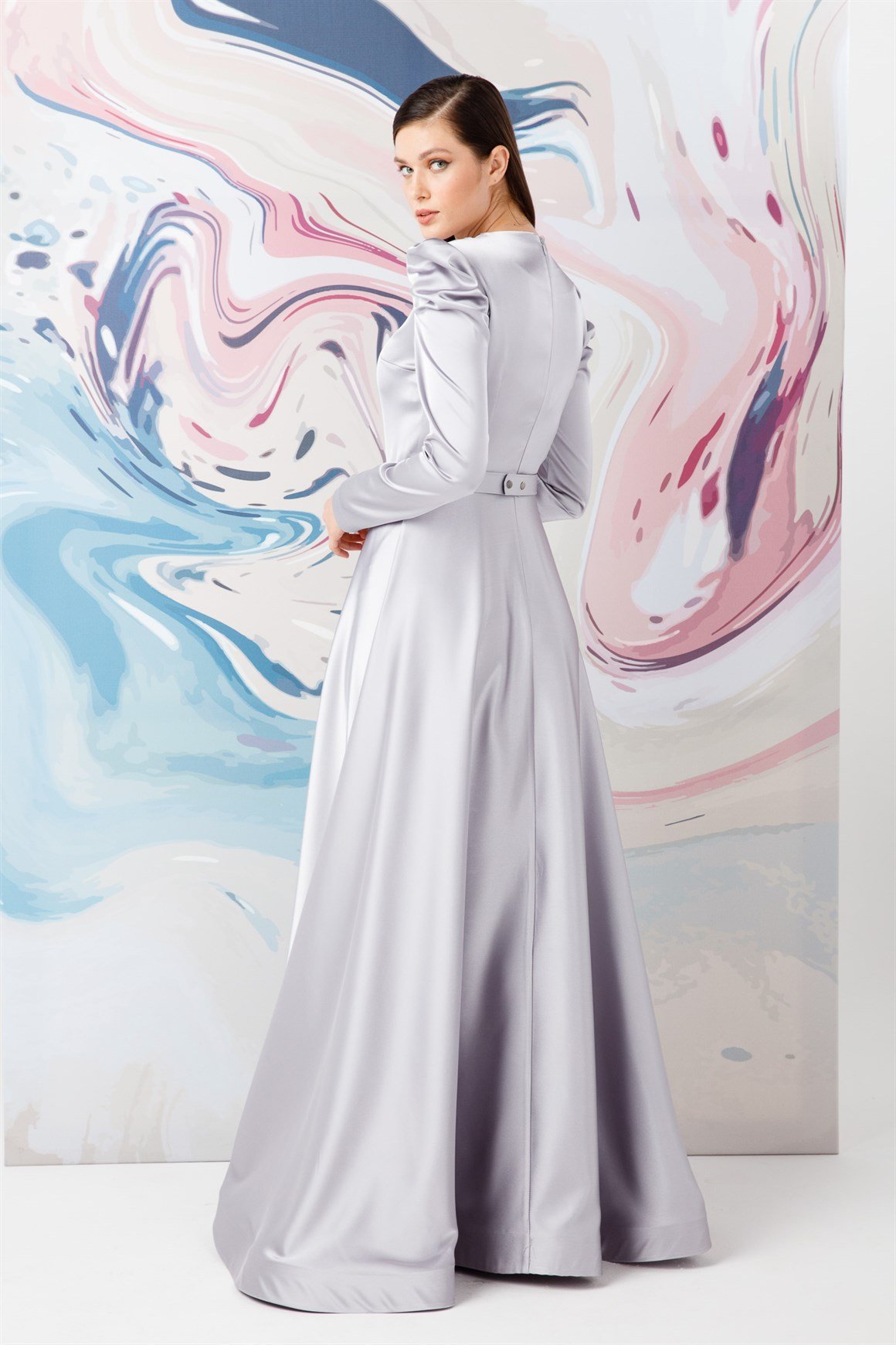 Gri Mevlana Prenses Kol Abiye Elbise