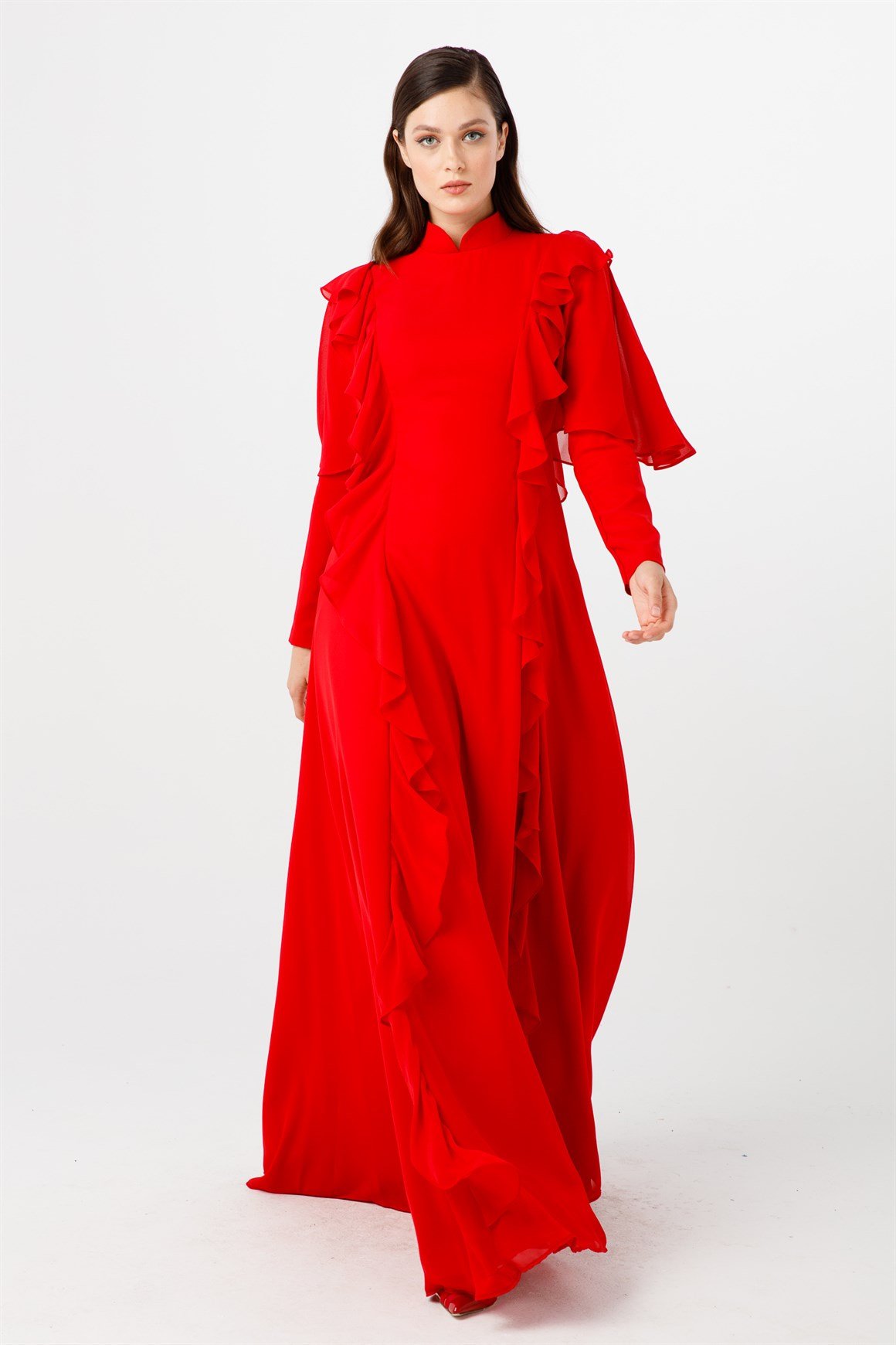 Kırmızı Hafif Balık Kesimli Omuzda Etek Ucunda Taş Ve Volan Kombinli Abiye Elbise