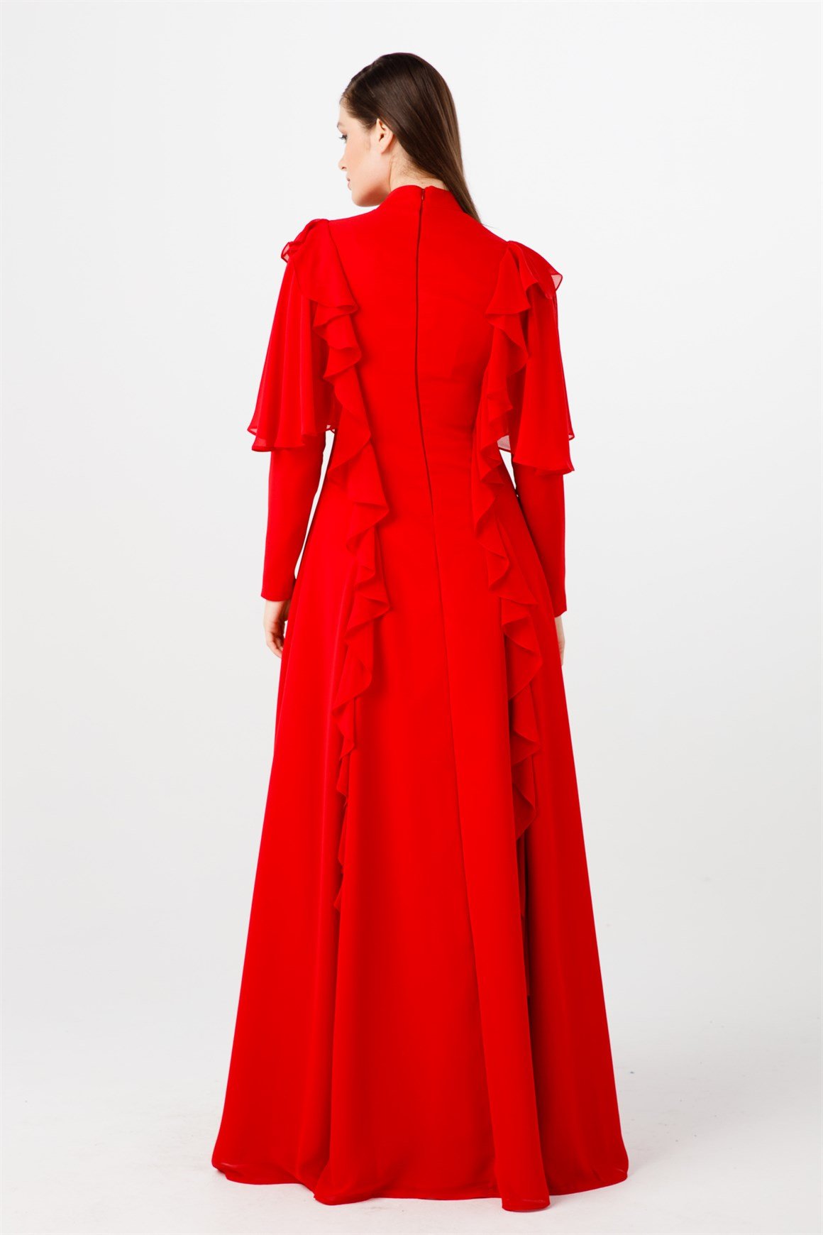 Kırmızı Hafif Balık Kesimli Omuzda Etek Ucunda Taş Ve Volan Kombinli Abiye Elbise